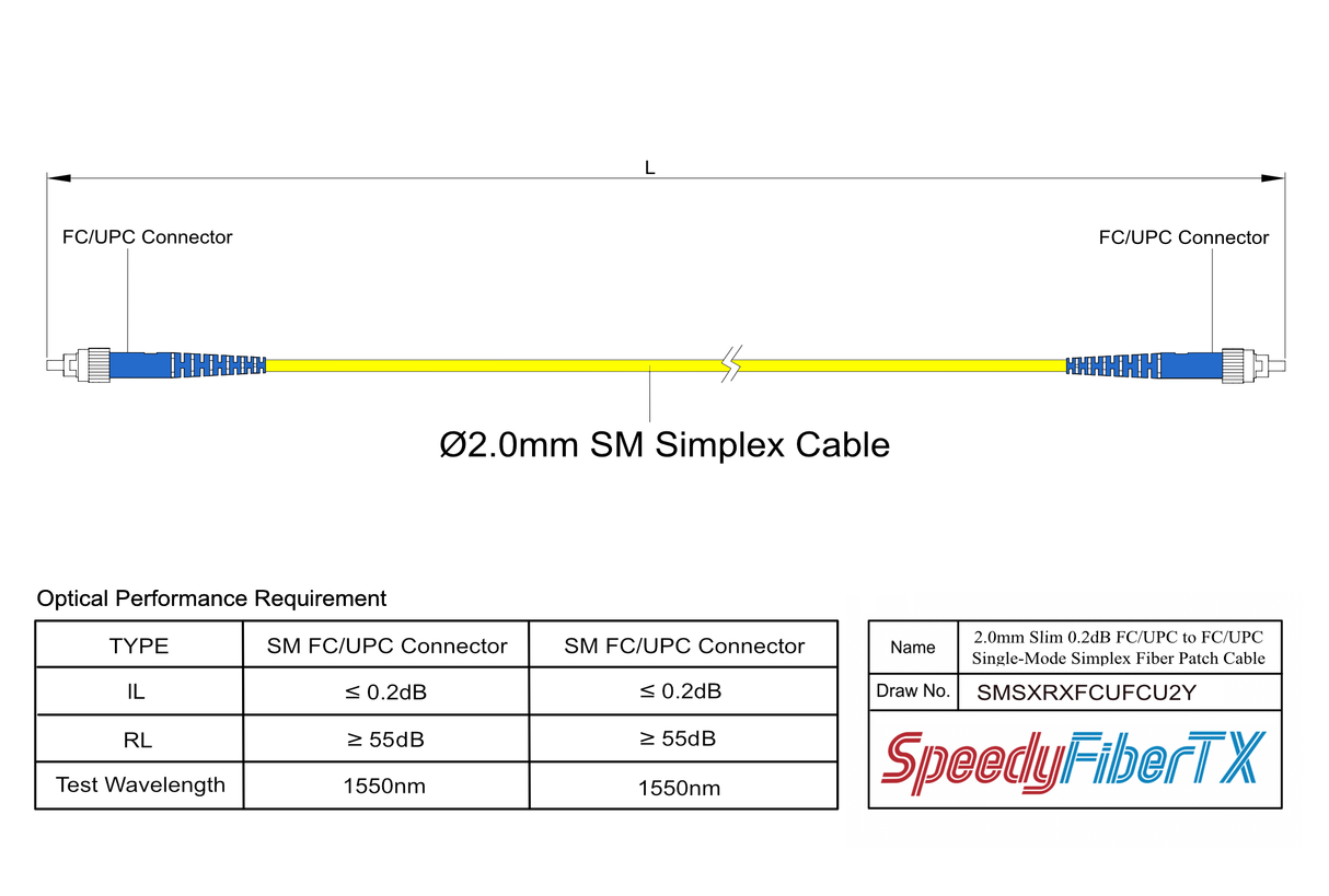 0.2dB Slim FC/UPC to FC/UPC Single-mode Simplex Fiber Patch Cable | Corning SMF-28 Ultra Fiber | OS1/OS2 Compatible | OFNR Jacket