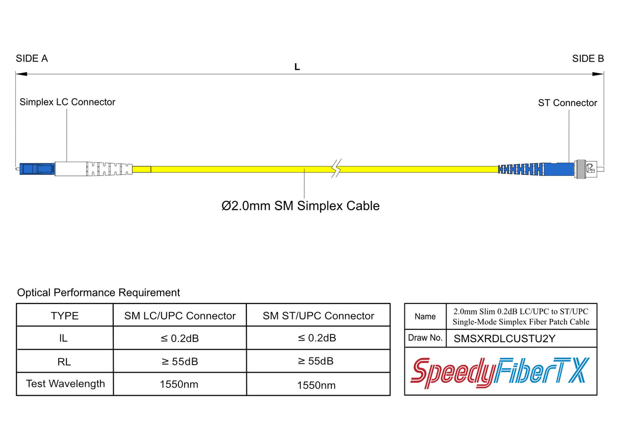 電信級 0.2dB Slim 單模單工 LC/UPC to ST/UPC光纖跳線 | 康寧纖芯 | OFNR 外被