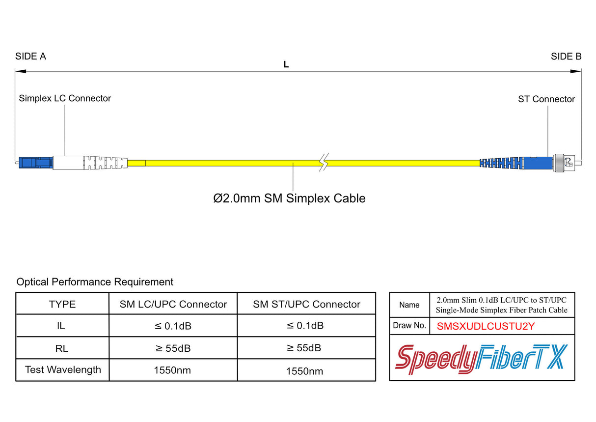 Ultra Low Loss 0.1dB Slim LC/UPC to ST/UPC Single-mode Simplex Fiber Patch Cable | Corning SMF-28 Ultra Fiber | OS1/OS2 Compatible | OFNR Jacket