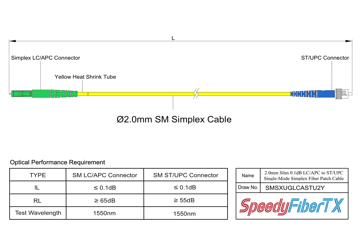 Ultra Low Loss 0.1dB Slim LC/APC to ST/UPC Single-mode Simplex Fiber Patch Cable | Corning SMF-28 Ultra Fiber | OS1/OS2 Compatible | OFNR Jacket