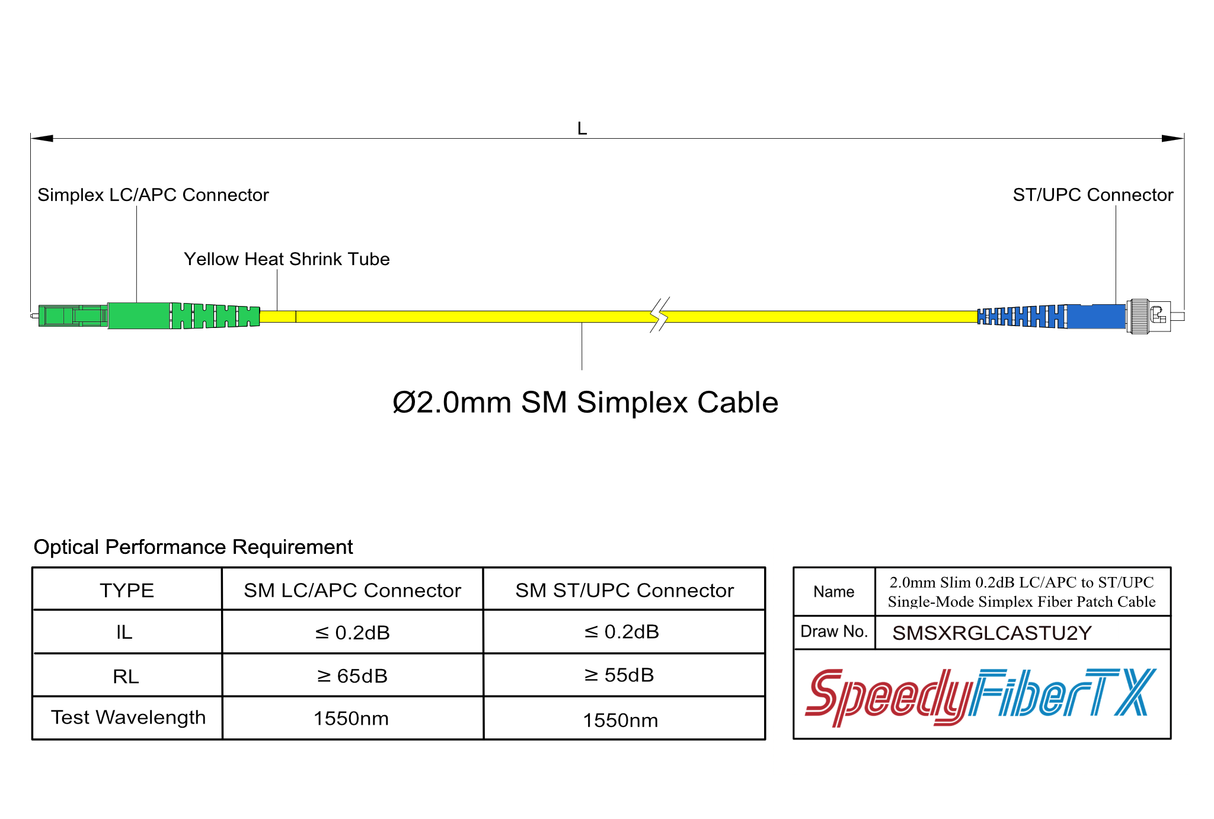 電信級 0.2dB Slim 單模單工 LC/APC to ST/UPC光纖跳線 | 康寧纖芯 | OFNR 外被