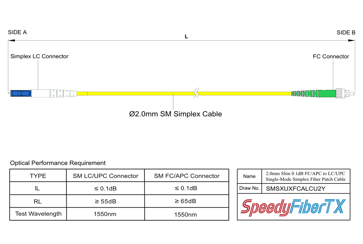 電信級低插損 0.1dB Slim 單模單工 FC/APC to LC/UPC光纖跳線 | 康寧纖芯 | OFNR 外被