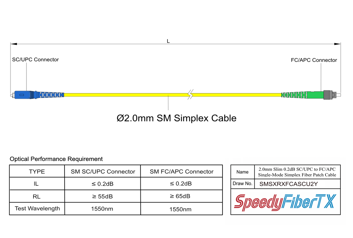 電信級 0.2dB Slim 單模單工 FC/APC to SC/UPC光纖跳線 | 康寧纖芯 | OFNR 外被