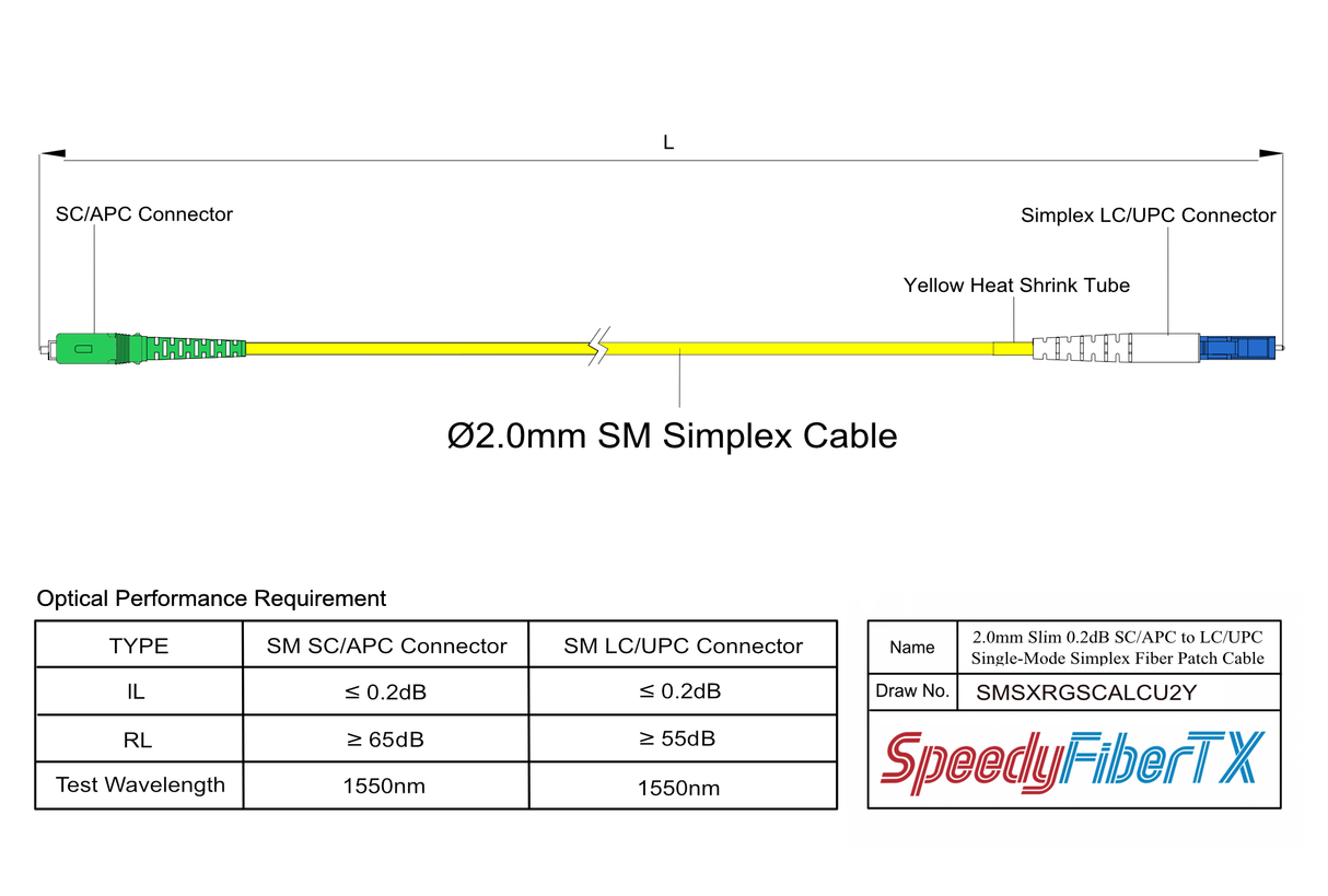 電信級 0.2dB Slim 單模單工 SC/APC to LC/UPC光纖跳線 | 康寧纖芯 | OFNR 外被