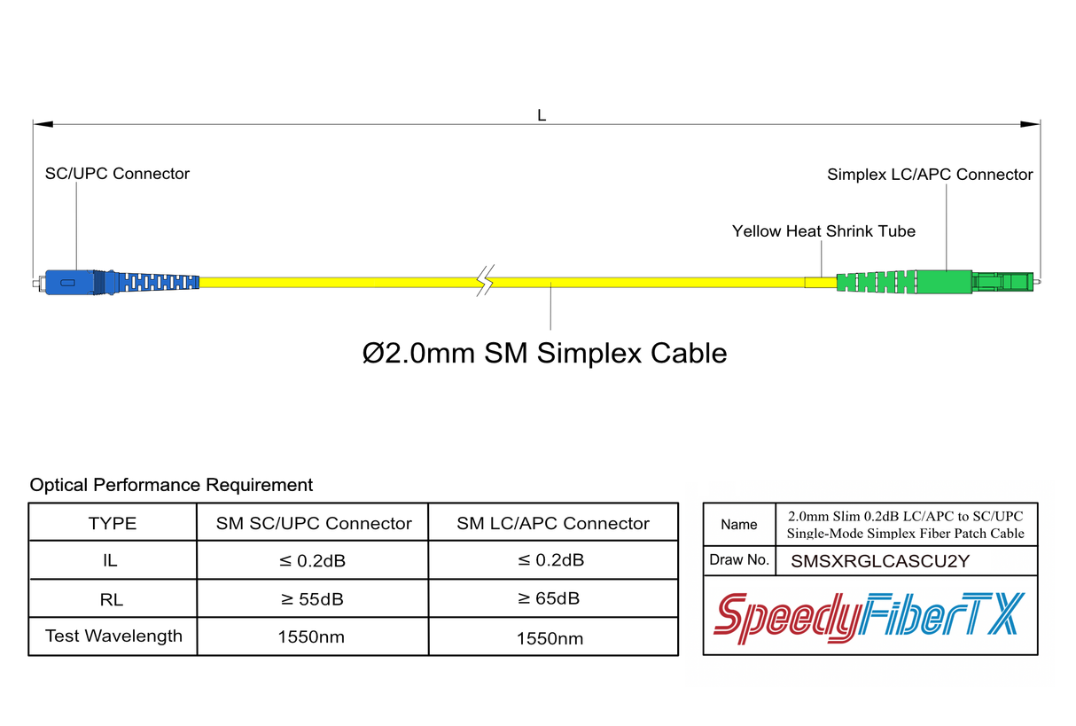 電信級 0.2dB Slim 單模單工 LC/APC to SC/UPC光纖跳線 | 康寧纖芯 | OFNR 外被