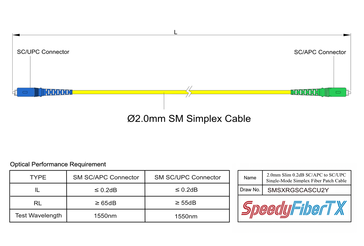 電信級 0.2dB Slim 單模單工 SC/APC to SC/UPC光纖跳線 | 康寧纖芯 | OFNR 外被