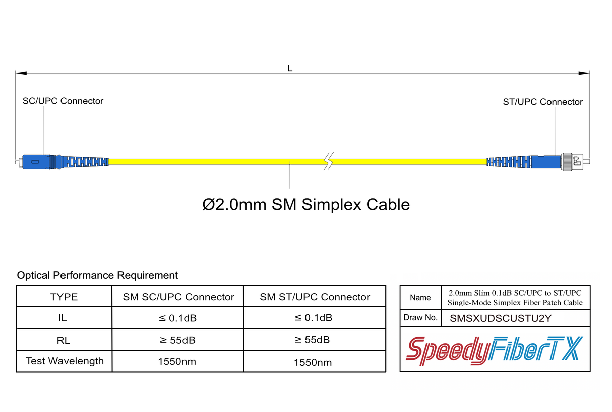 Ultra Low Loss 0.1dB Slim SC/UPC to ST/UPC Single-mode Simplex Fiber Patch Cable | Corning SMF-28 Ultra Fiber | OS1/OS2 Compatible | OFNR Jacket