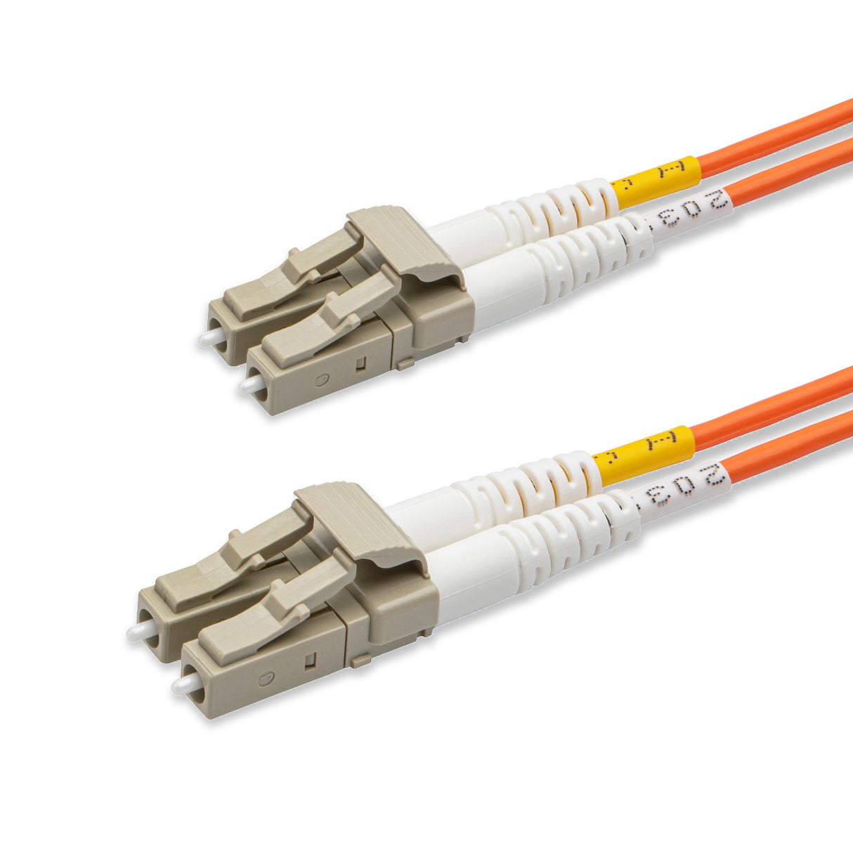 LC-LC multimode OM1 duplex fiber patch cable with Corning InfiniCor OM1 62.5/125um fiber, orange jacket, available in custom lengths. Ideal for data centers, enterprise networks, and server rooms.