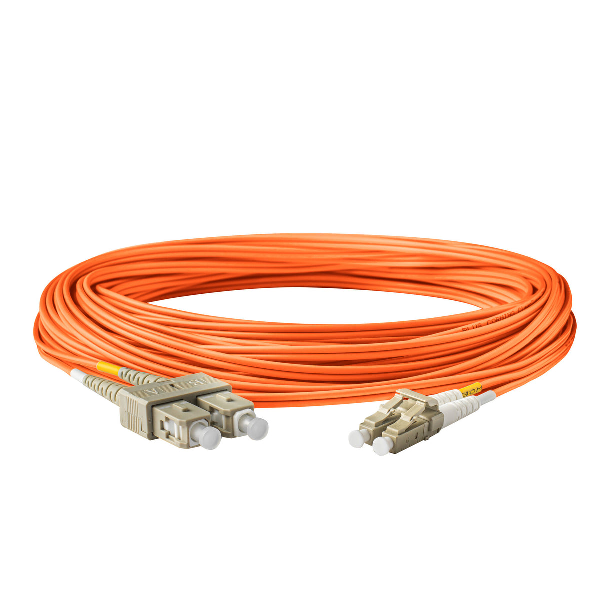 TAA Compliant Fiber Patch Cable | 0.2dB LC/UPC to SC/UPC Multimode OM1 Duplex | Corning InfiniCor 300 Optical 62.5 µm Multimode Fiber | Orange OFNR Jacket