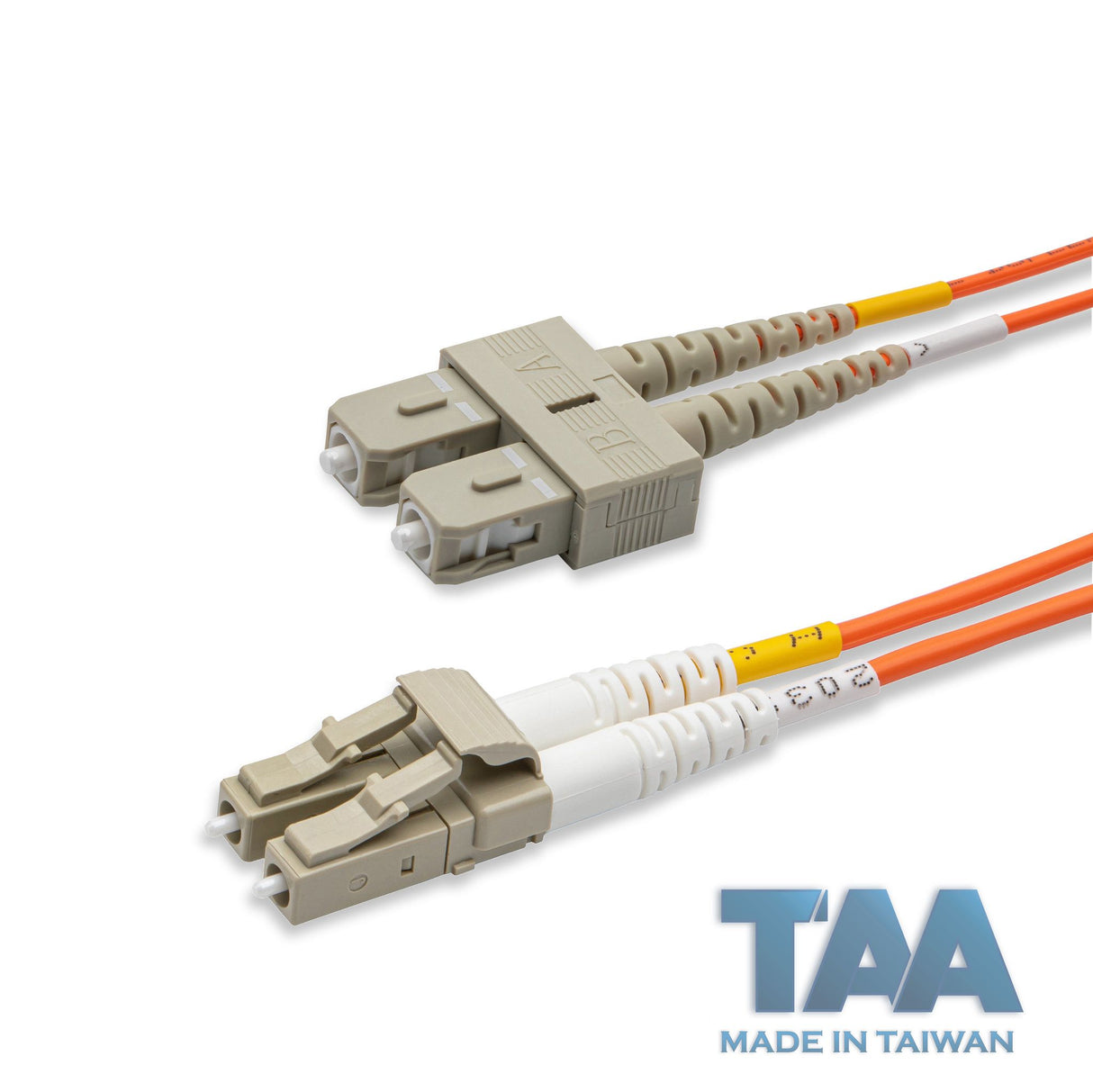 TAA合規 | 電信級 0.2dB LC/UPC to SC/UPC 多模 OM1 雙工光纖跳線 | 康寧纖芯 | 橘色 OFNR 外被