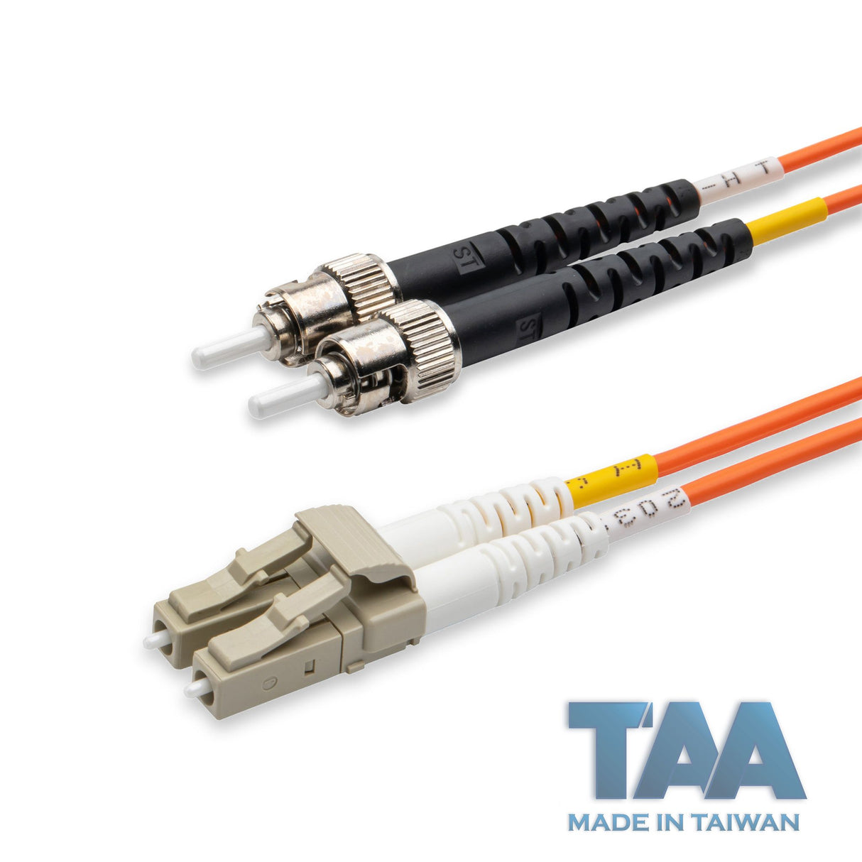 TAA合規 | 電信級 0.2dB LC/UPC to ST/UPC 多模 OM1 雙工光纖跳線 | 康寧纖芯 | 橘色 OFNR 外被
