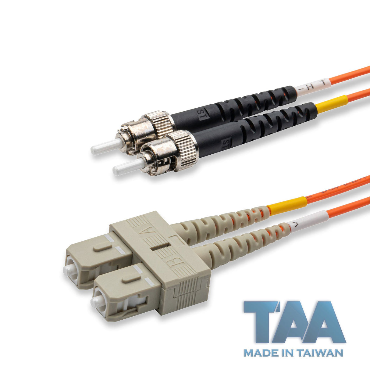 TAA合規 | 電信級 0.2dB SC/UPC to ST/UPC 多模 OM1 雙工光纖跳線 | 康寧纖芯 | 橘色 OFNR 外被
