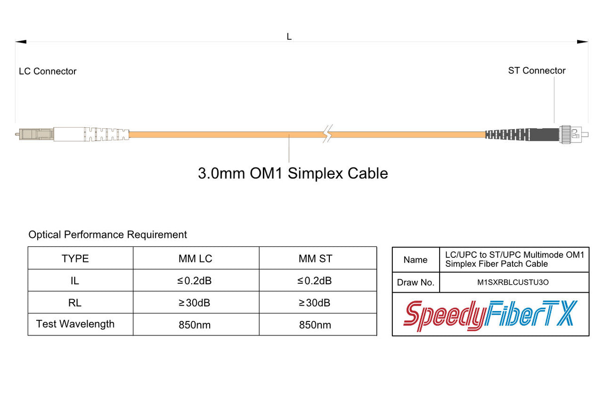 TAA合規 | 電信級 0.2dB LC/UPC to ST/UPC 多模 OM1 單工光纖跳線 | 康寧纖芯 | 橘色 OFNR 外被