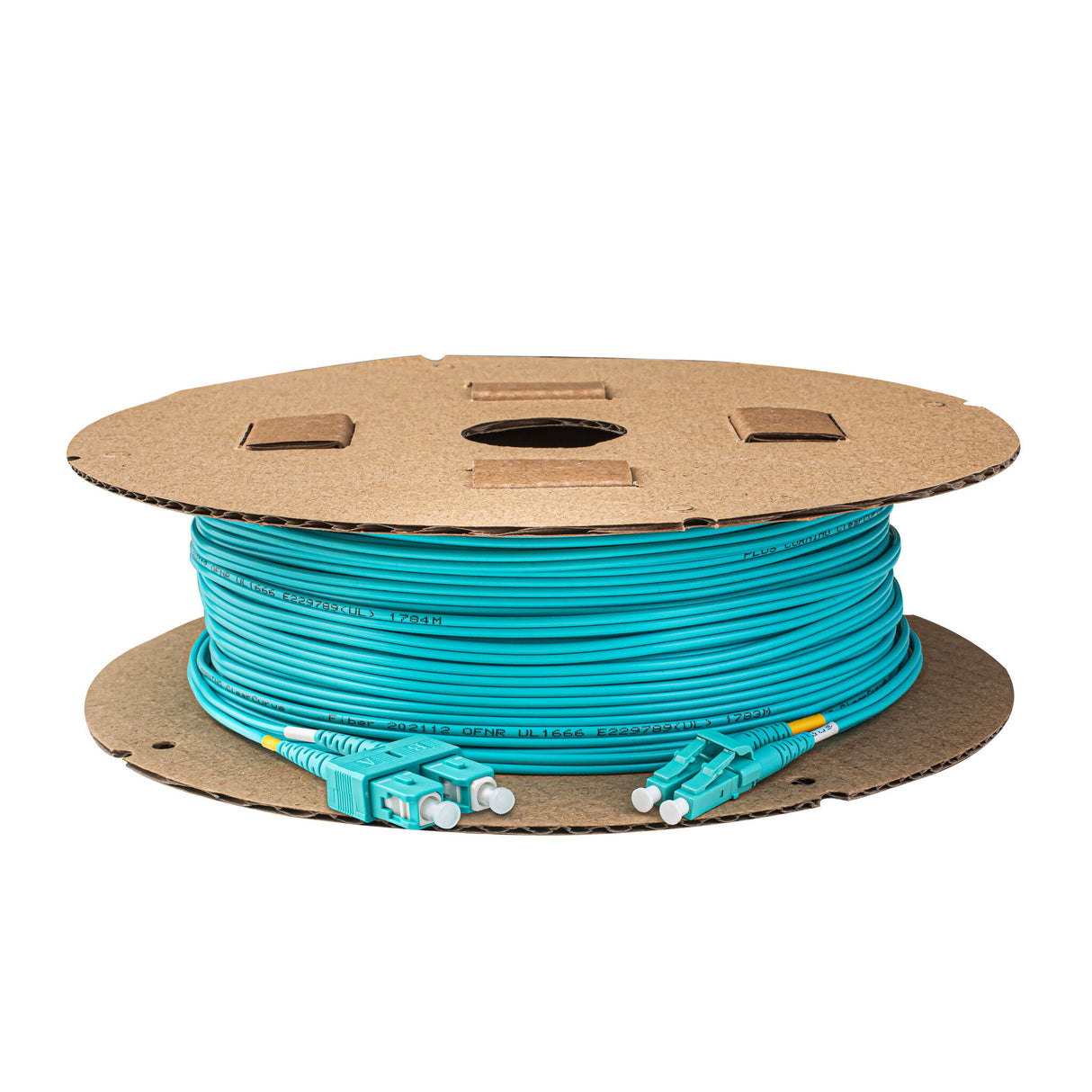 TAA合規 | 電信級 0.2dB LC/UPC to SC/UPC 多模 OM3 雙工光纖跳線 | 康寧纖芯 | 水綠色 OFNR 外被, 水綠色接頭