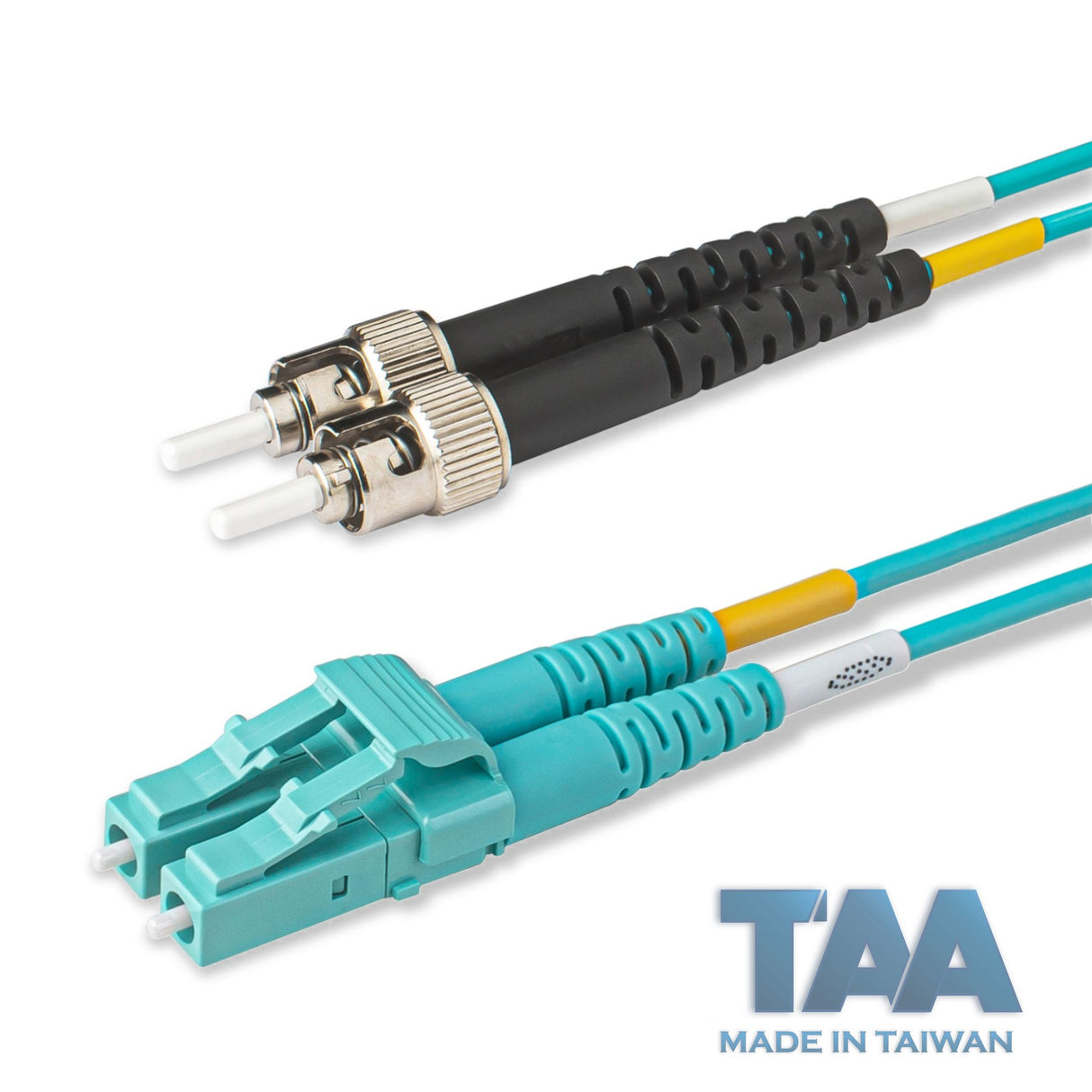 TAA合規 | 電信級 0.2dB LC/UPC to ST/UPC 多模 OM3 雙工光纖跳線 | 康寧纖芯 | 水綠色 OFNR 外被, 水綠色接頭