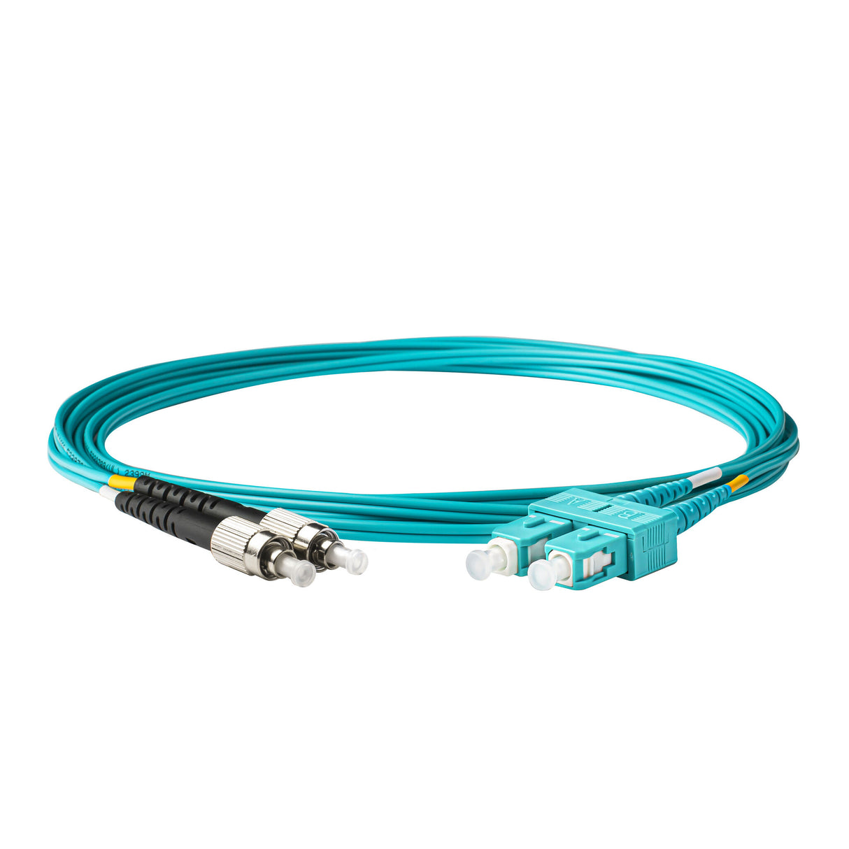 0.2dB SC/UPC to FC/UPC Multimode OM3 Duplex Fiber Patch Cable | Corning ClearCurve OM3 50 µm Laser-Optimized Fiber | Aqua OFNR Jacket, Aqua Connectors