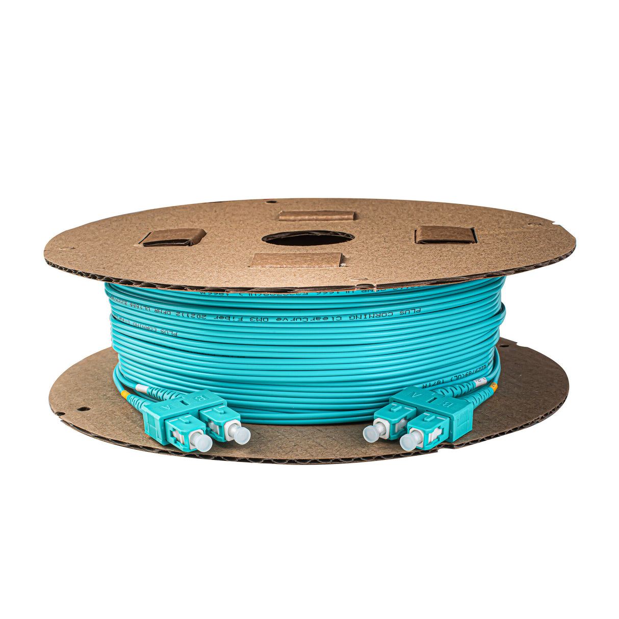 TAA Compliant Fiber Patch Cable | 0.2dB SC/UPC to SC/UPC Multimode OM3 Duplex | Corning ClearCurve OM3 50 µm Laser-Optimized Fiber | Aqua OFNR Jacket, Aqua Connectors