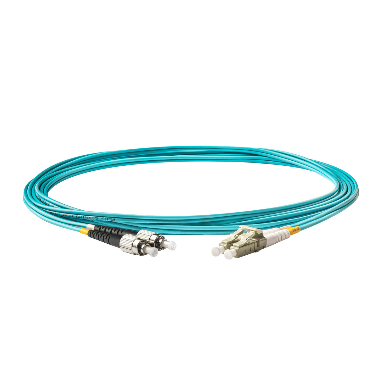 電信級 0.2dB LC/UPC to FC/UPC 多模 OM3 雙工光纖跳線 | 康寧纖芯 | 水綠色 LSZH 低煙無鹵外被, 米色接頭