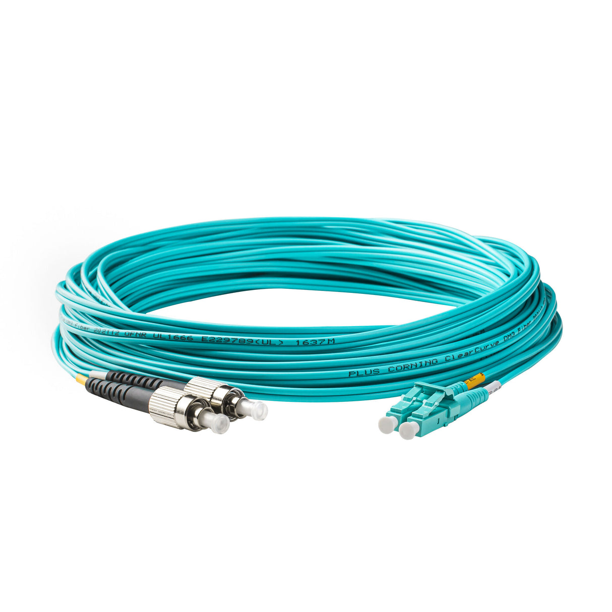0.2dB LC/UPC to FC/UPC Multimode OM3 Duplex Fiber Patch Cable | Corning ClearCurve OM3 50 µm Laser-Optimized Fiber | Aqua OFNP Jacket, Beige Connectors