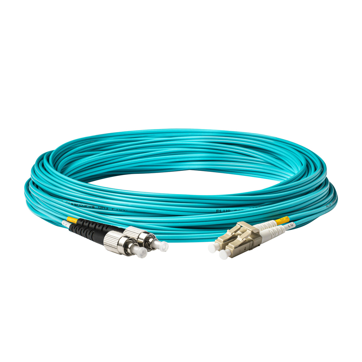 電信級 0.2dB LC/UPC to FC/UPC 多模 OM3 雙工光纖跳線 | 康寧纖芯 | 水綠色 LSZH 低煙無鹵外被, 米色接頭