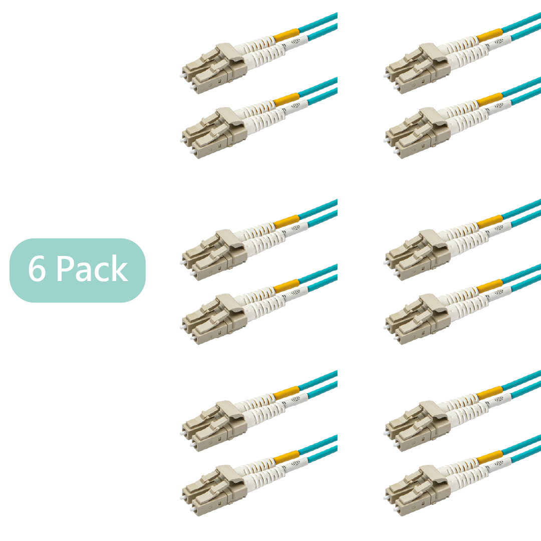 Bundle Deal – 0.2dB LC/UPC to LC/UPC Multimode OM3 Duplex Fiber Patch Cable | Corning ClearCurve OM3 50 µm Laser-Optimized Fiber | Aqua Jacket, Beige Connectors | 1 Foot | 6-Pack