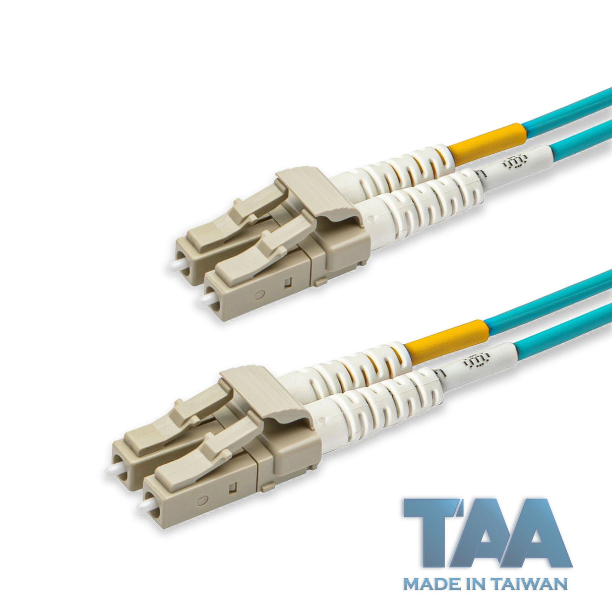 TAA合規 | 電信級 0.2dB LC/UPC to LC/UPC 多模 OM3 雙工光纖跳線 | 康寧纖芯 | 水綠色 OFNR 外被, 米色接頭