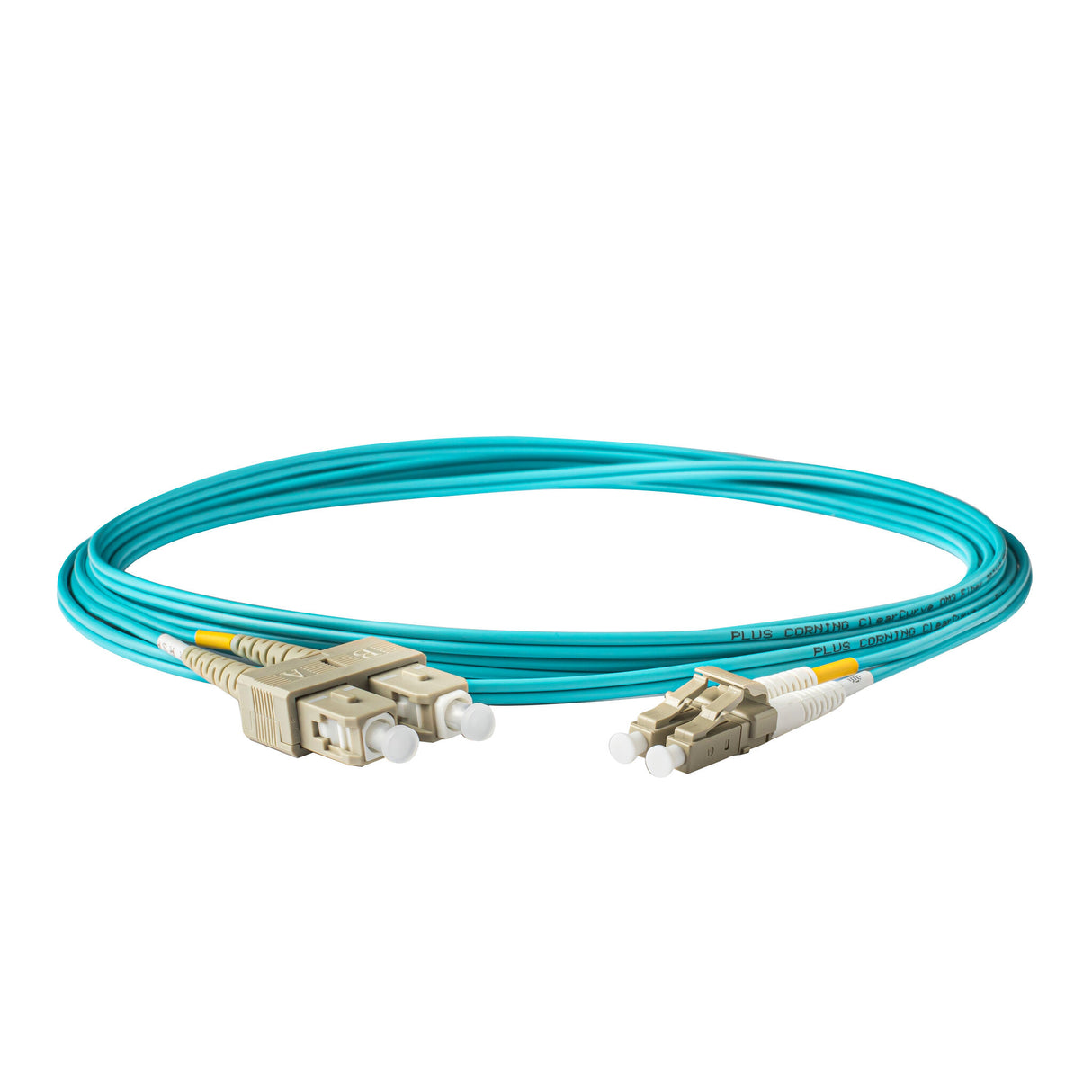 Low Loss 0.15dB LC/UPC to SC/UPC Multimode OM4 Duplex Fiber Patch Cable | Corning ClearCurve OM4 50 µm Laser-Optimized Fiber | Aqua OFNP Jacket, Beige Connectors
