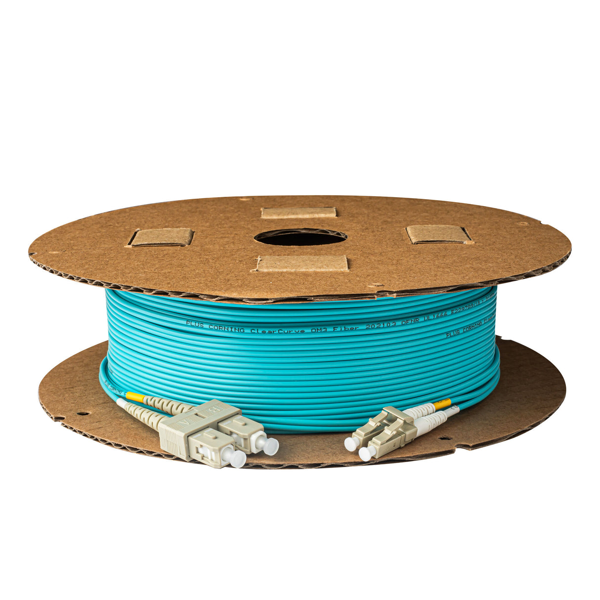 TAA合規 | 電信級 0.2dB LC/UPC to SC/UPC 多模 OM3 雙工光纖跳線 | 康寧纖芯 | 水綠色 OFNR 外被, 米色接頭