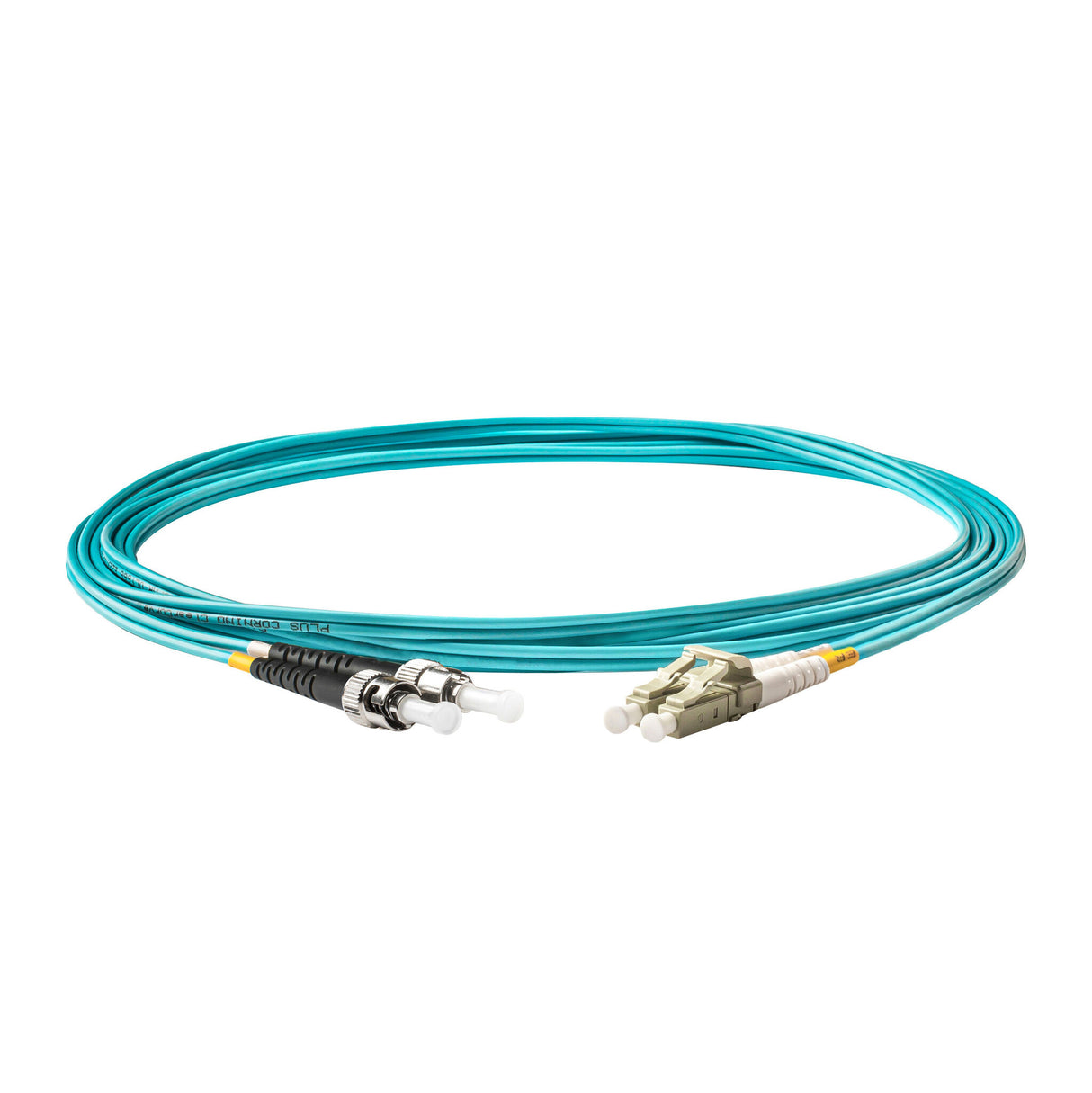 TAA合規 | 電信級 0.2dB LC/UPC to ST/UPC 多模 OM3 雙工光纖跳線 | 康寧纖芯 | 水綠色 OFNR 外被, 米色接頭