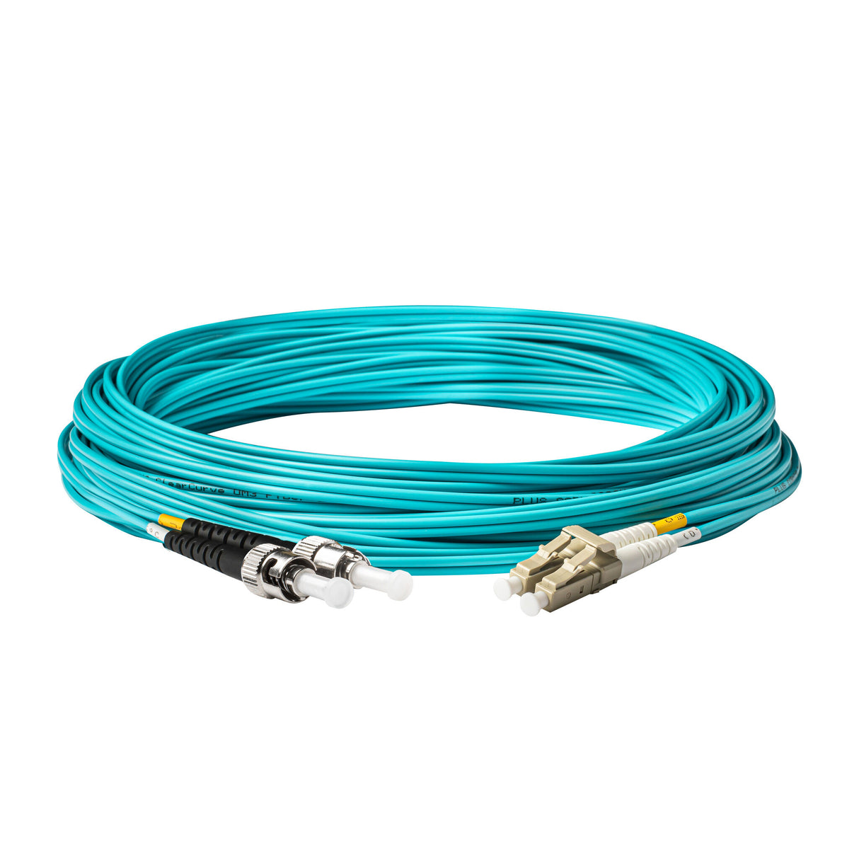 TAA合規 | 電信級 0.2dB LC/UPC to ST/UPC 多模 OM3 雙工光纖跳線 | 康寧纖芯 | 水綠色 OFNR 外被, 米色接頭