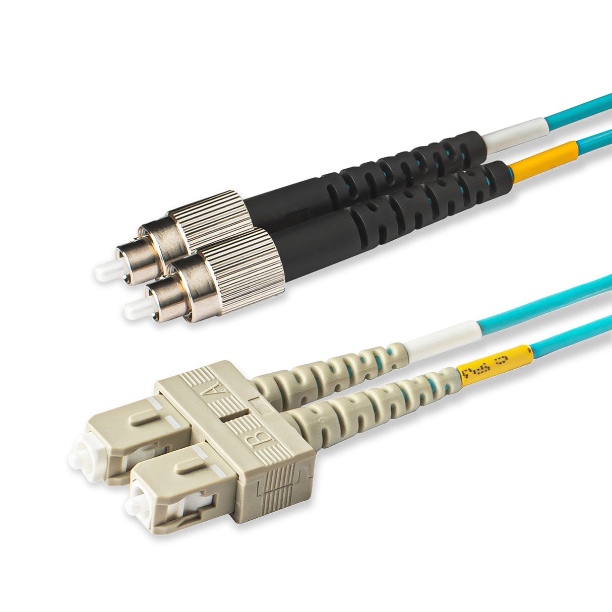 SC-FC multimode OM3 fiber patch cable with Corning OM3 50/125um optical fiber, available in custom lengths and specifications. Ideal for data centers, enterprise networks, and telecom rooms.