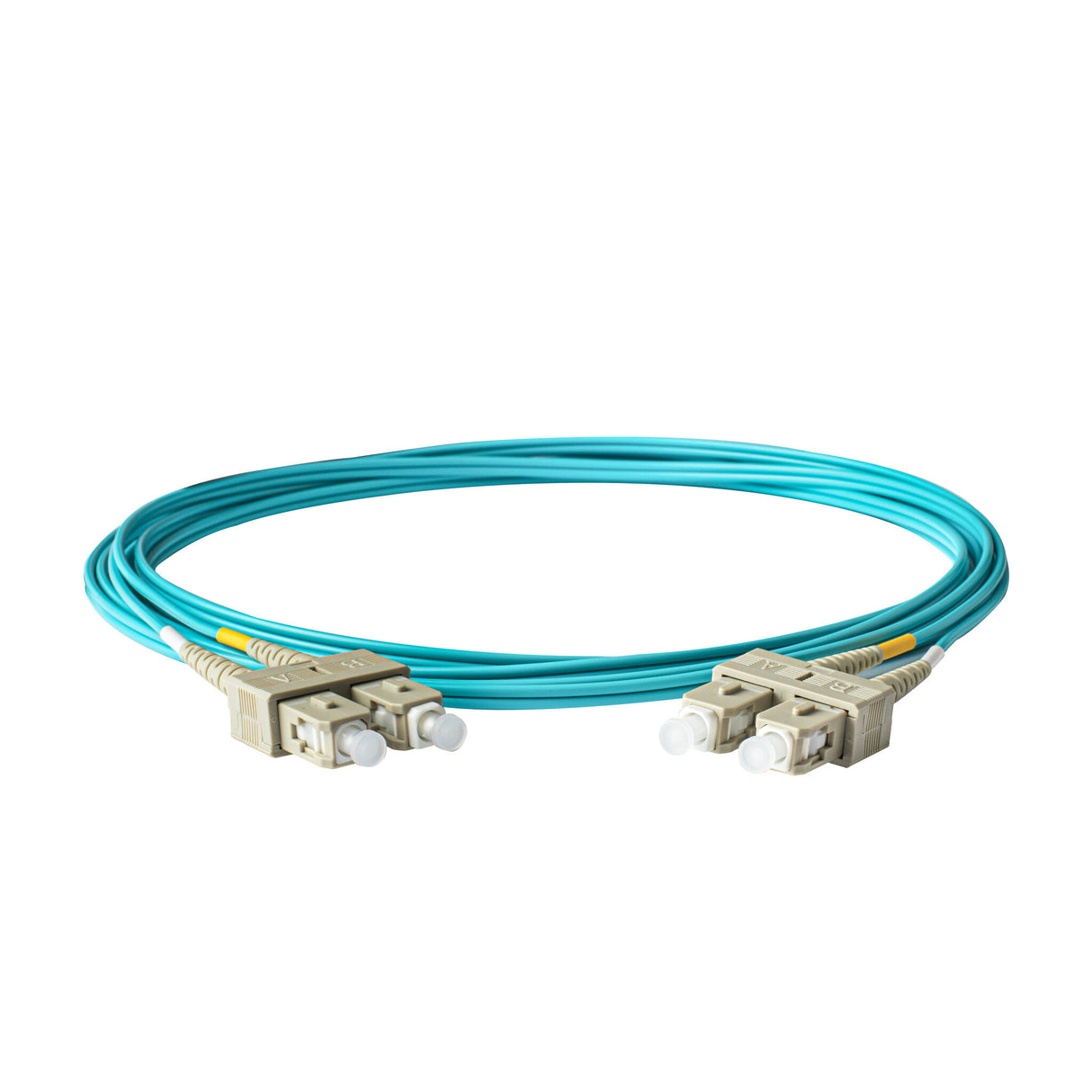 TAA Compliant Fiber Patch Cable | 0.2dB SC/UPC to SC/UPC Multimode OM3 Duplex | Corning ClearCurve OM3 50 µm Laser-Optimized Fiber | Aqua OFNR Jacket, Beige Connectors