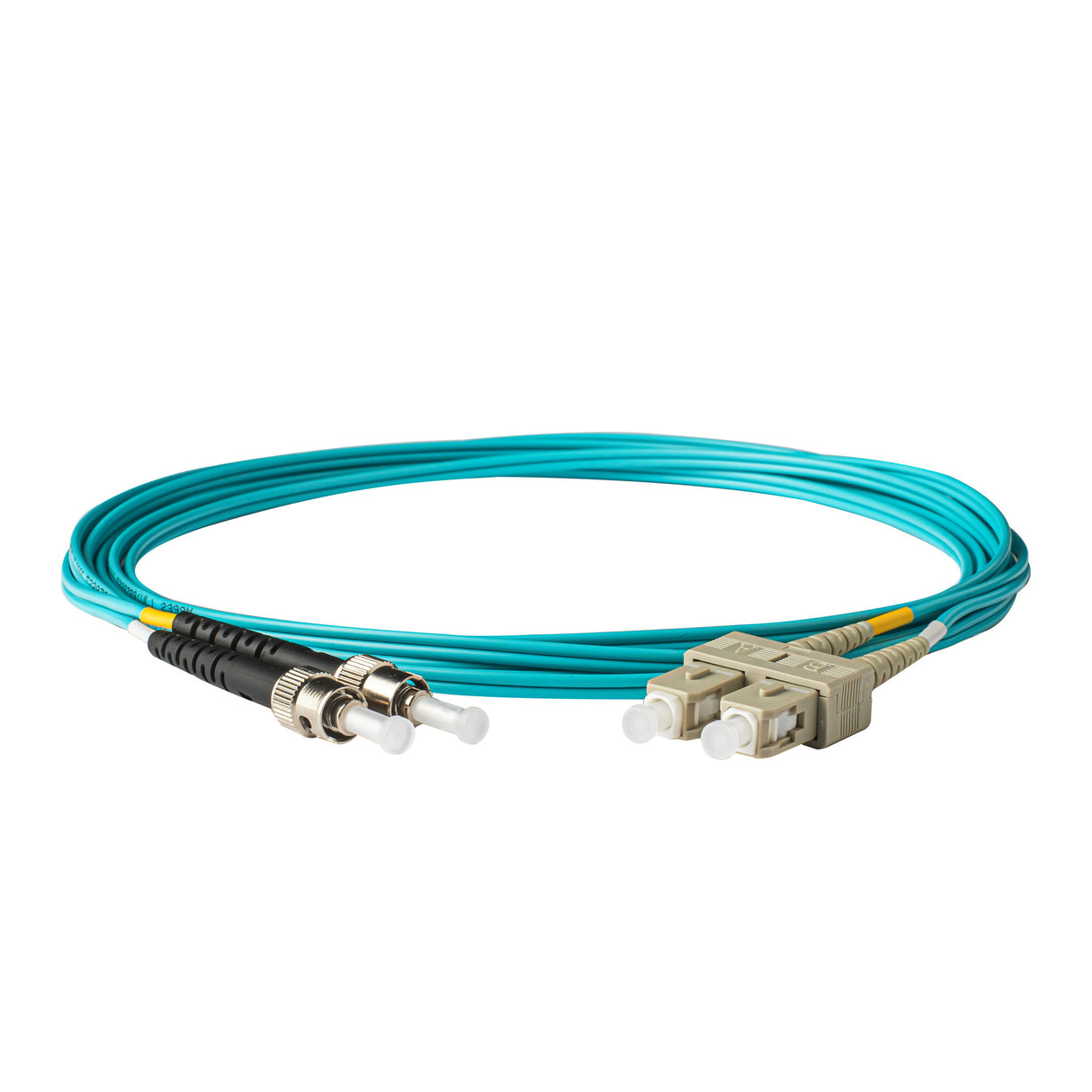 電信級 0.2dB SC/UPC to ST/UPC 多模 OM3 雙工光纖跳線 | 康寧纖芯 | 水綠色 OFNP 外被, 米色接頭