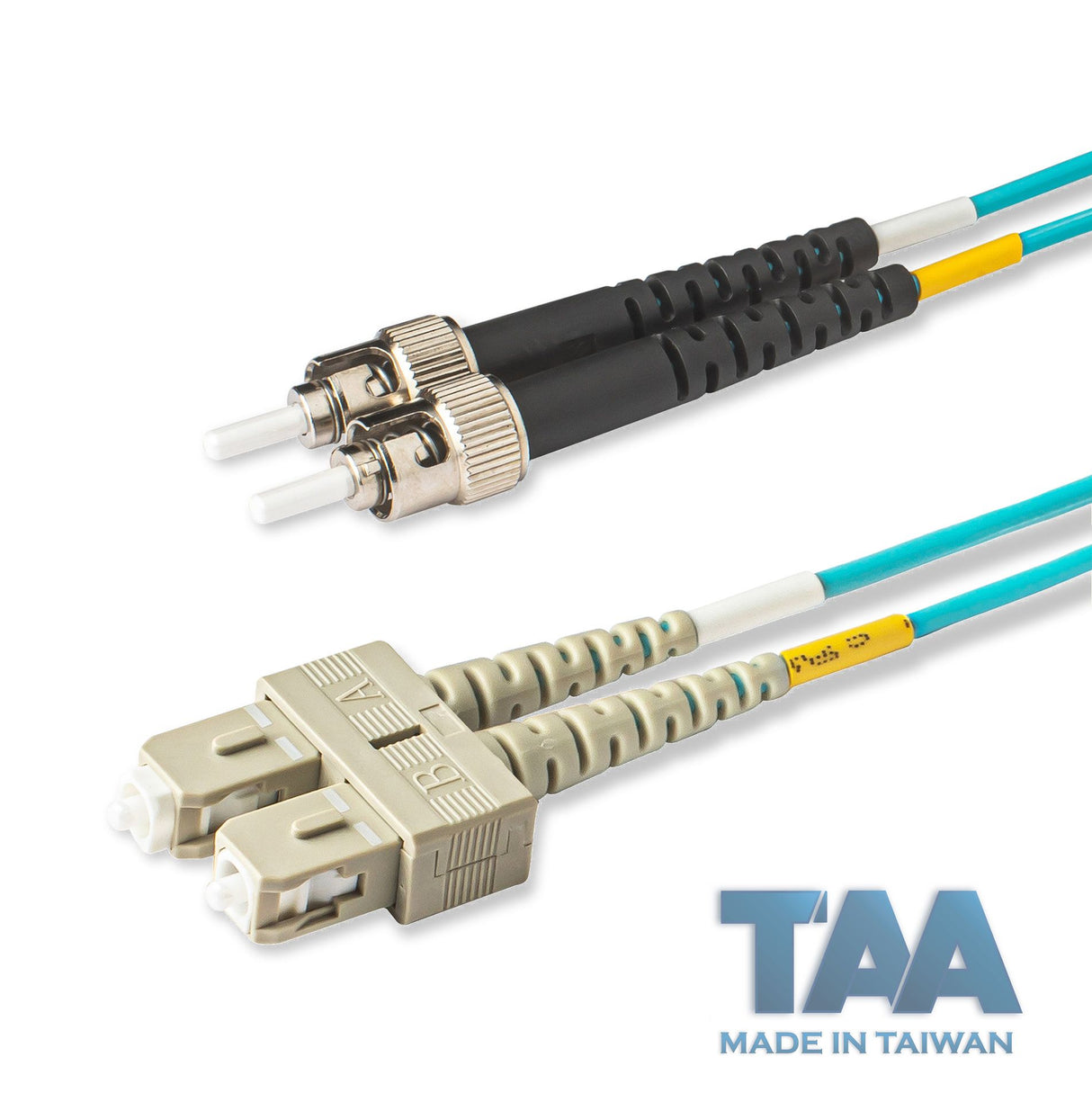 TAA合規 | 電信級 0.2dB SC/UPC to ST/UPC 多模 OM3 雙工光纖跳線 | 康寧纖芯 | 水綠色 OFNR 外被, 米色接頭