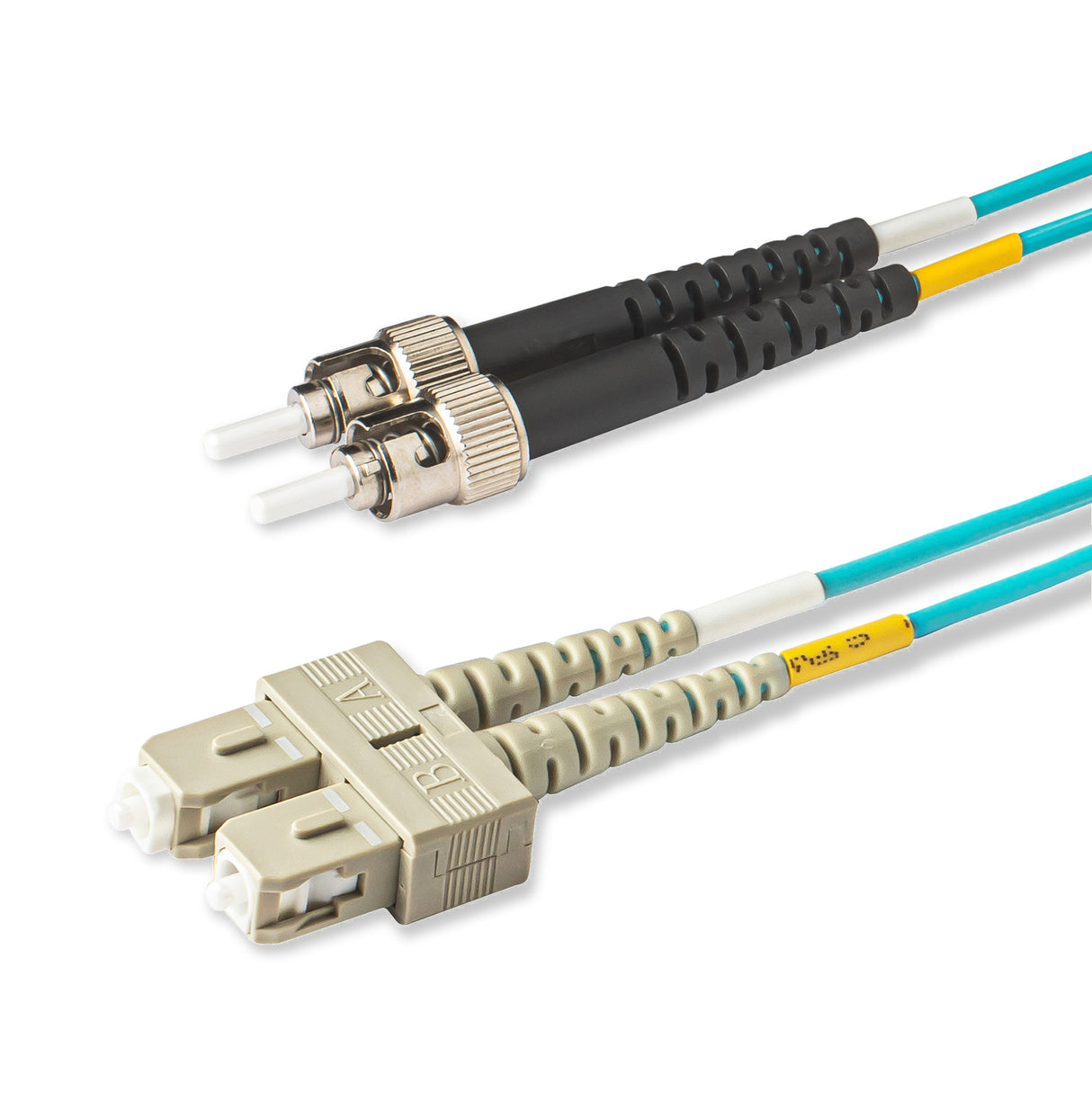 SC-ST multimode OM3 fiber patch cable with Corning OM3 50/125um optical fiber, available in custom lengths and specifications. Ideal for data centers, enterprise networks, and telecom rooms.