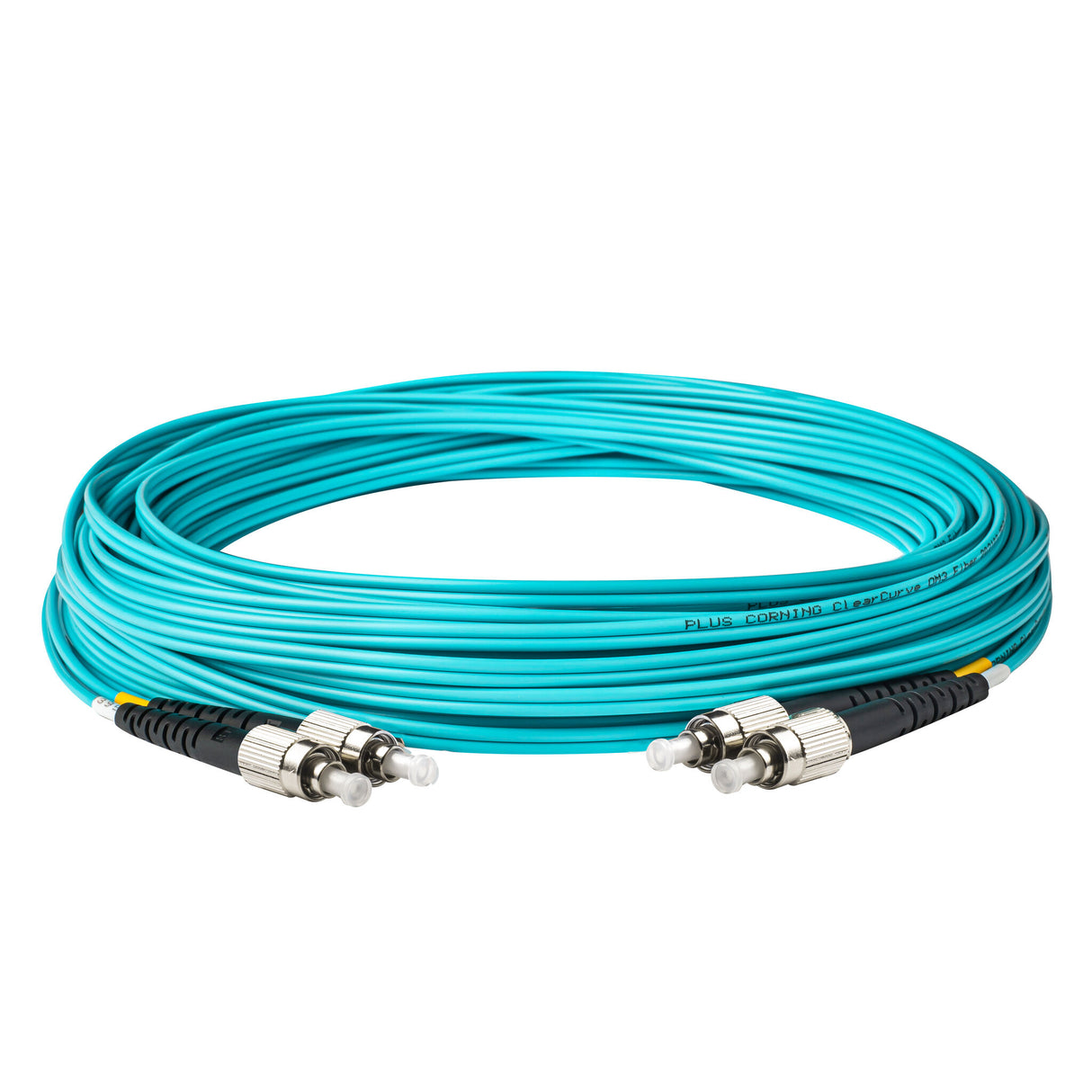 0.2dB FC/UPC to FC/UPC Multimode OM3 Duplex Fiber Patch Cable | Corning ClearCurve OM3 50 µm Laser-Optimized Fiber | Aqua LSZH Jacket, Metal Connectors