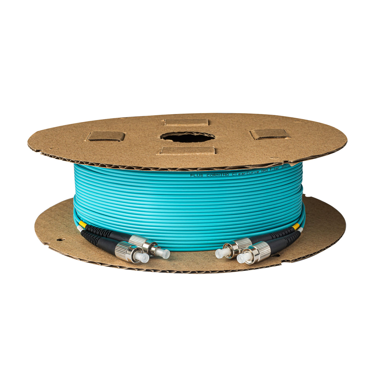 0.2dB FC/UPC to FC/UPC Multimode OM3 Duplex Fiber Patch Cable | Corning ClearCurve OM3 50 µm Laser-Optimized Fiber | Aqua LSZH Jacket, Metal Connectors