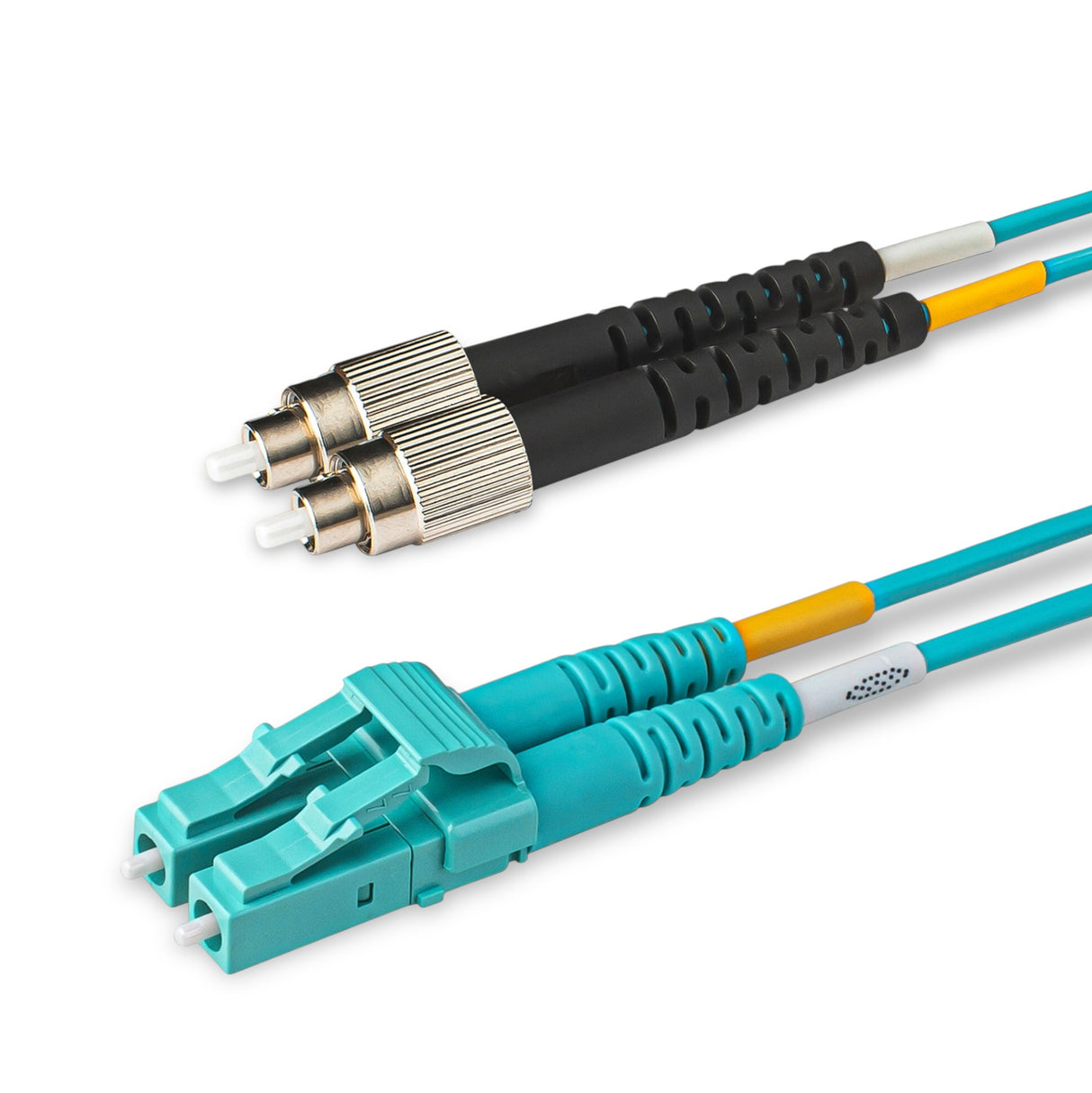 Aqua LC-FC multimode OM4 fiber patch cable with Corning OM4 50/125um optical fiber, aqua jacket, available in custom lengths and specifications. Ideal for data centers, enterprise networks, and telecom rooms.