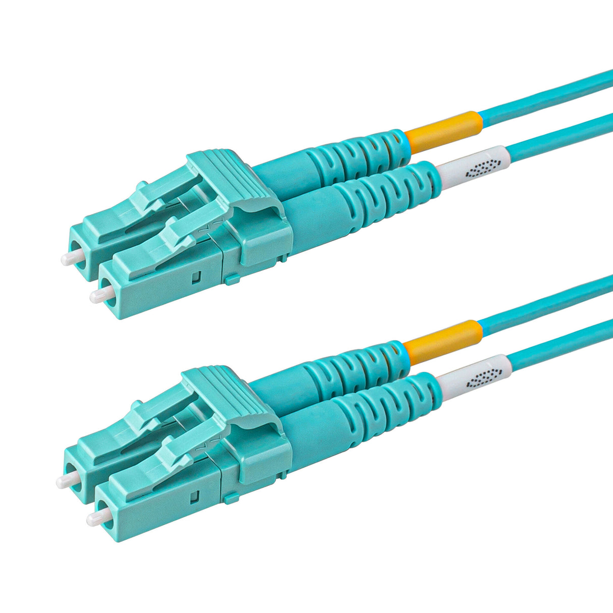 Aqua LC-LC multimode OM4 fiber patch cable with Corning OM4 50/125um optical fiber, aqua jacket, available in custom lengths and specifications. Ideal for data centers, enterprise networks, and telecom rooms.