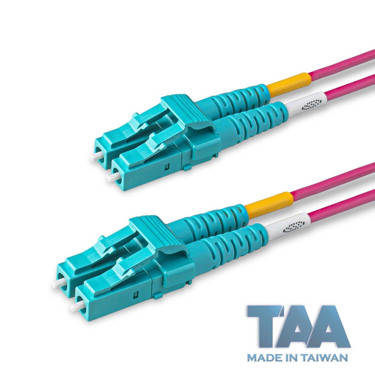 TAA合規 | 電信級 0.2dB LC/UPC to LC/UPC 多模 OM4 雙工光纖跳線 | 康寧纖芯 | 洋紅色 OFNR 外被, 水綠色接頭