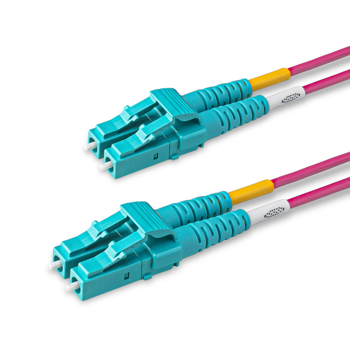 Aqua LC-LC multimode OM4 fiber patch cable with Corning OM4 50/125um optical fiber, magenta jacket, available in custom lengths and specifications. Ideal for data centers, enterprise networks, and telecom rooms.