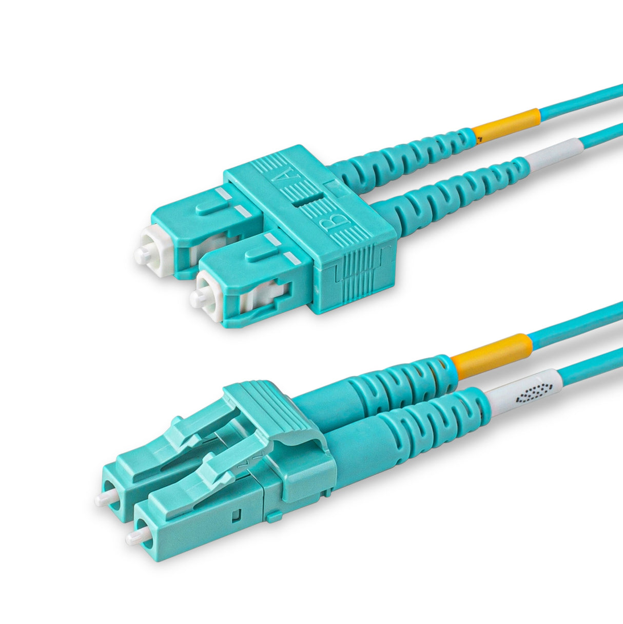 Aqua LC-SC multimode OM4 fiber patch cable with Corning OM4 50/125um optical fiber, aqua jacket, available in custom lengths and specifications. Ideal for data centers, enterprise networks, and telecom rooms.
