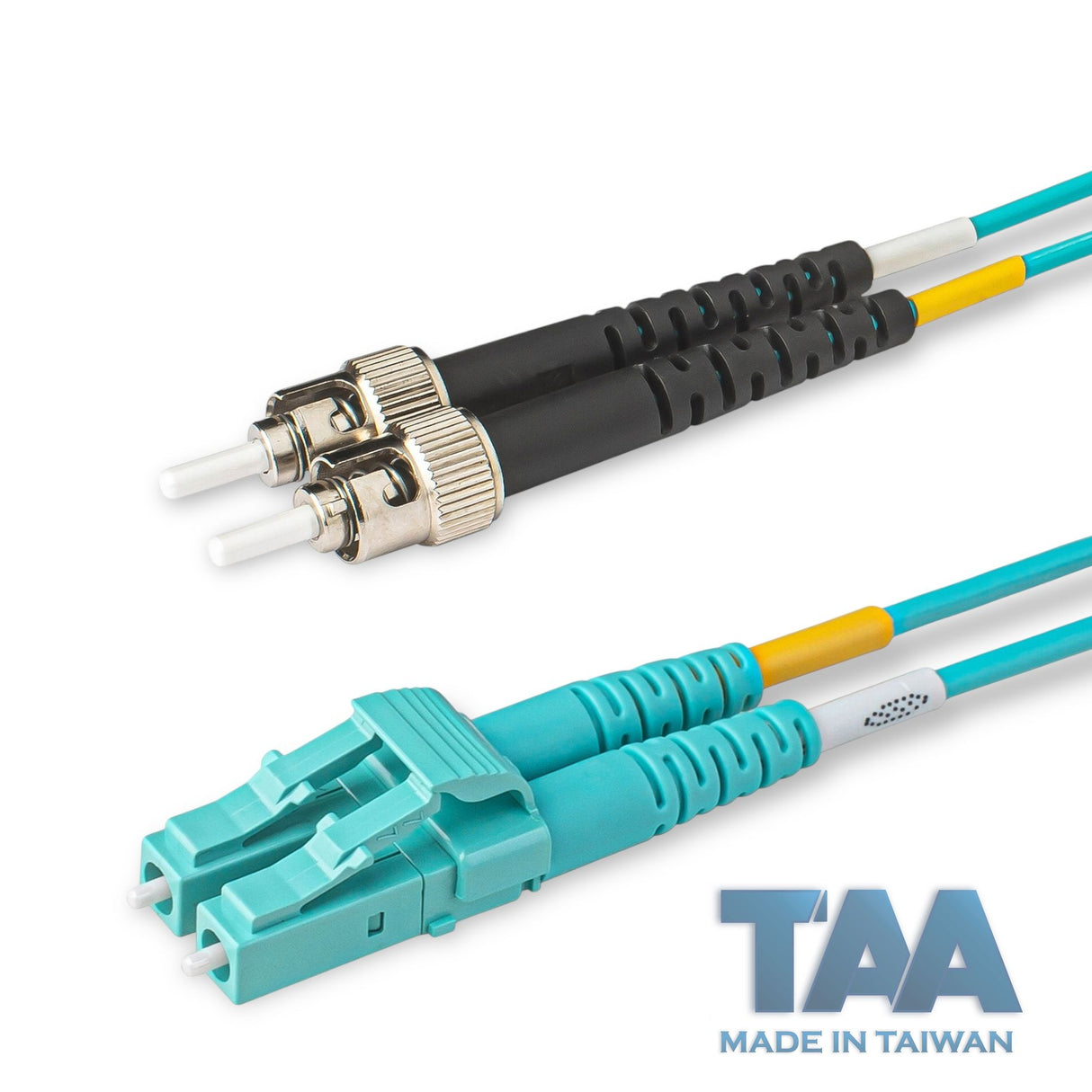 TAA合規 | 電信級 0.2dB LC/UPC to ST/UPC 多模 OM4 雙工光纖跳線 | 康寧纖芯 | 水綠色 OFNR 外被, 水綠色接頭