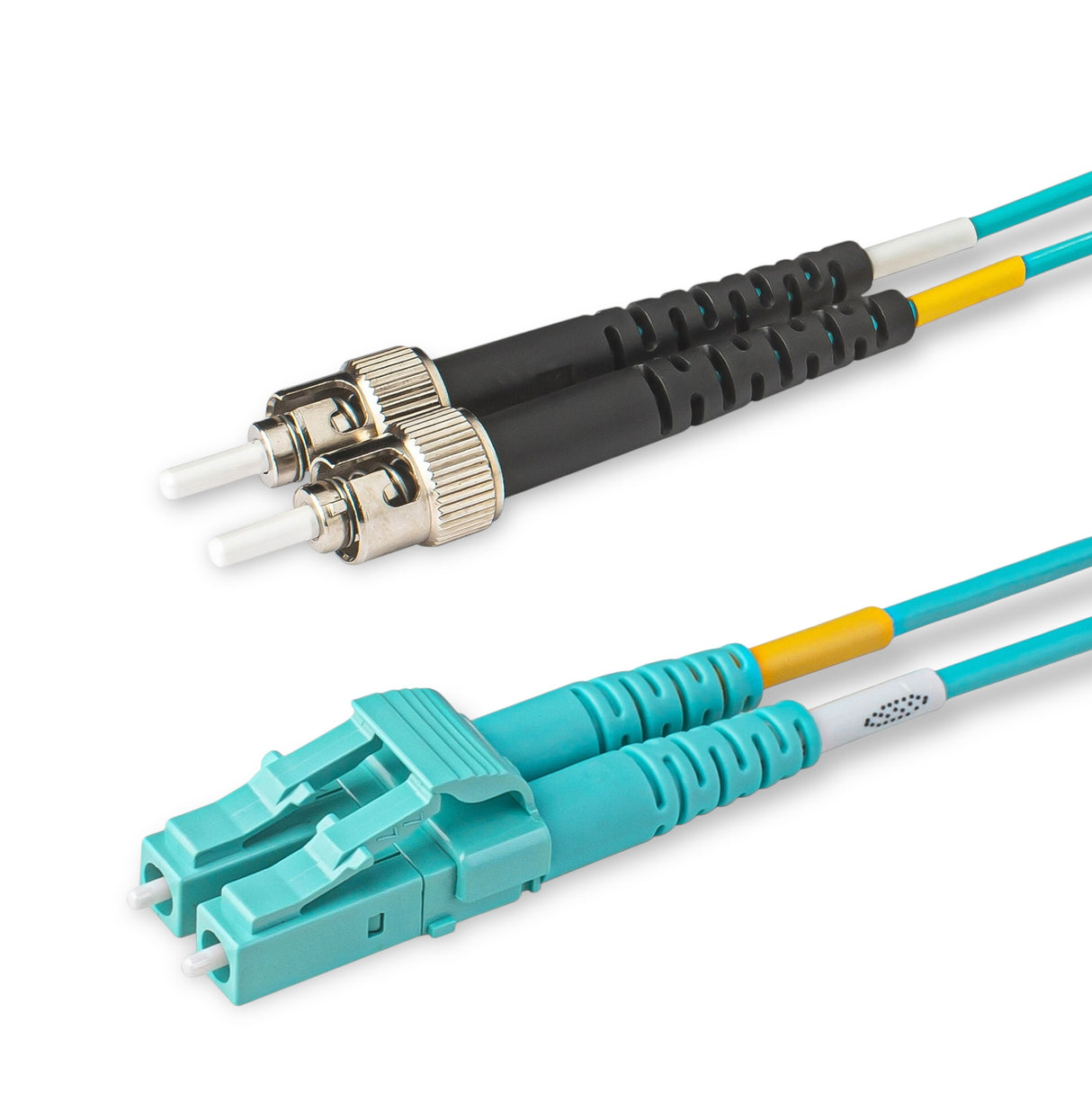 Aqua LC-ST multimode OM4 fiber patch cable with Corning OM4 50/125um optical fiber, aqua jacket, available in custom lengths and specifications. Ideal for data centers, enterprise networks, and telecom rooms.