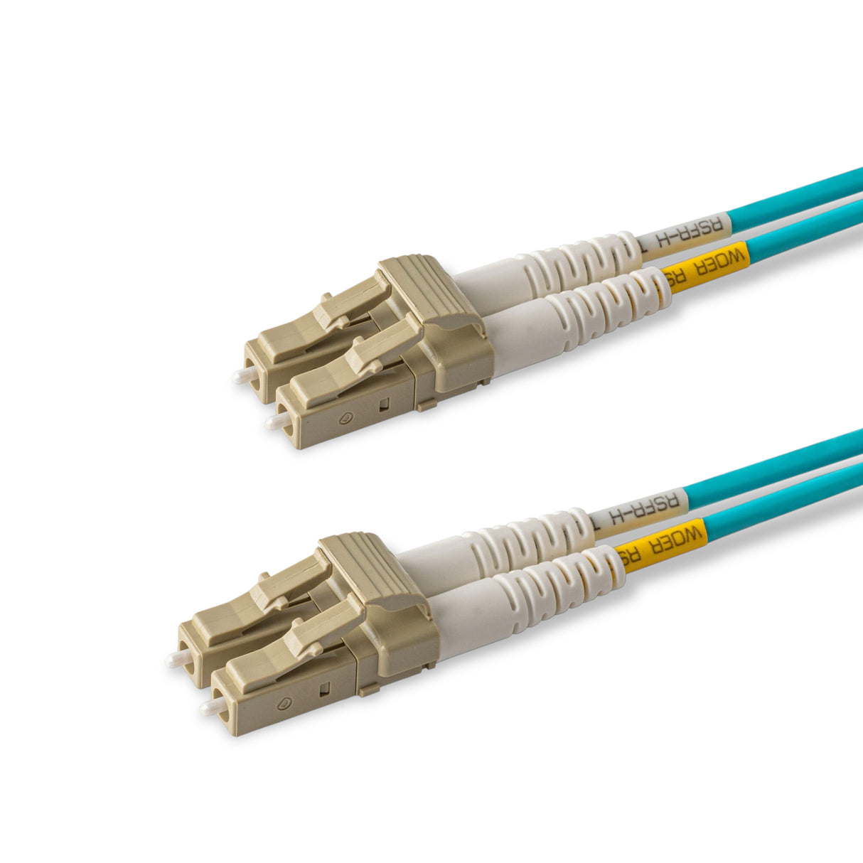 Beige LC-LC multimode OM4 fiber patch cable with Corning OM4 50/126um optical fiber, aqua jacket, available in custom lengths and specifications. Ideal for data centers, enterprise networks, and telecom rooms.