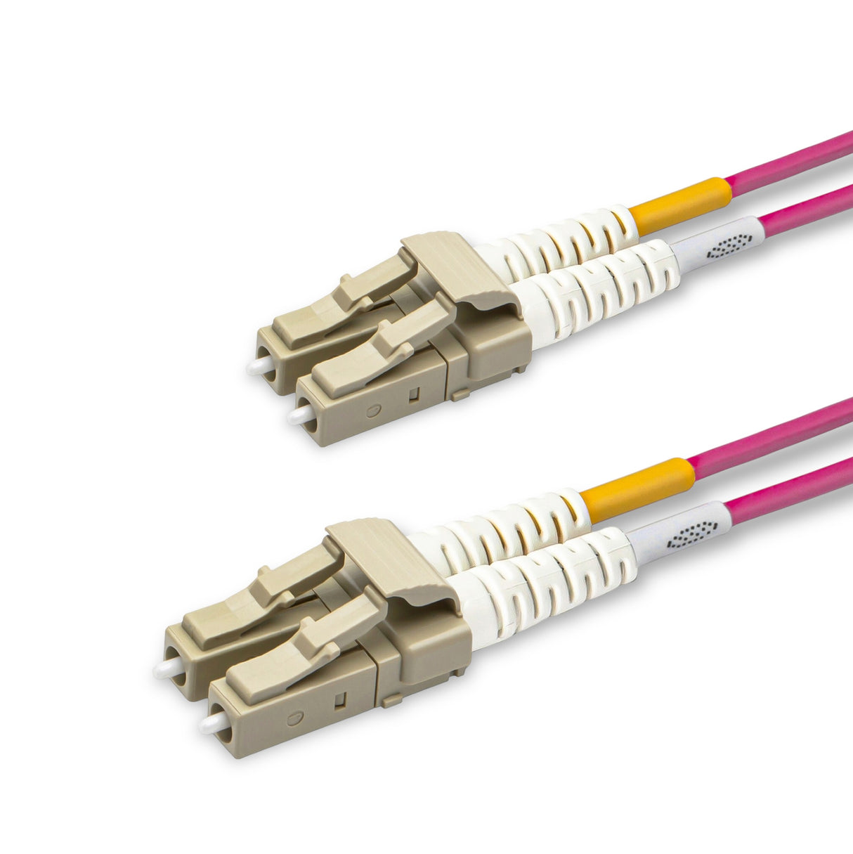 Beige LC-LC multimode OM4 fiber patch cable with Corning OM4 50/125um optical fiber, magenta jacket, available in custom lengths and specifications. Ideal for data centers, enterprise networks, and telecom rooms.