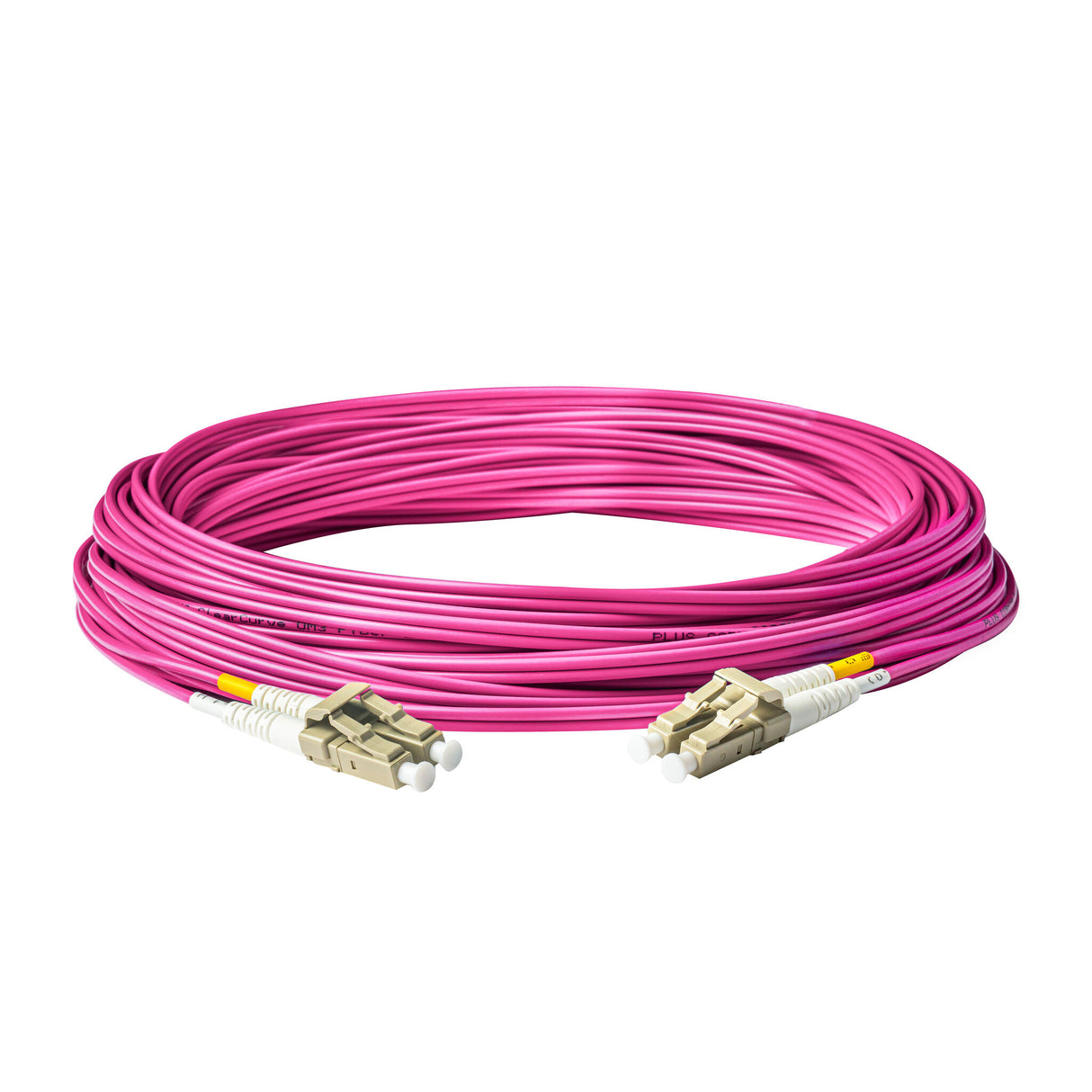 Ultra Low Loss 0.1dB LC/UPC to LC/UPC Multimode OM4 Duplex Fiber Patch Cable | Corning ClearCurve OM4 50 µm Laser-Optimized Fiber | Magenta OFNR Jacket, Beige Connectors