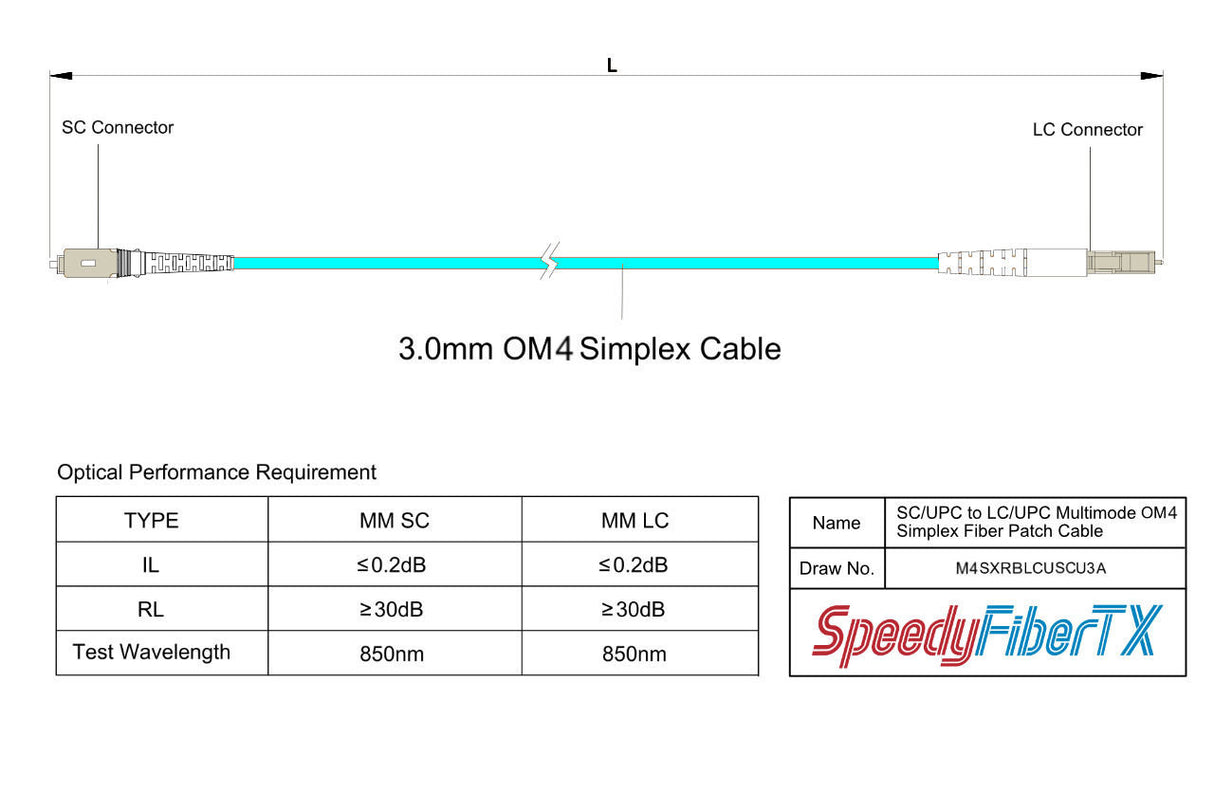 TAA Compliant Fiber Patch Cable | 0.2dB LC/UPC to SC/UPC Multimode OM4 Simplex | Corning ClearCurve OM4 50 µm Laser-Optimized Fiber | Aqua OFNR Jacket, Beige Connectors