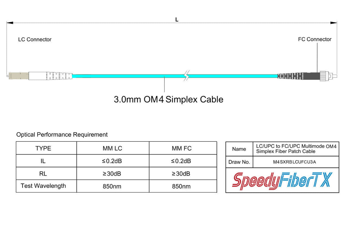 0.2dB LC/UPC to FC/UPC Multimode OM4 Simplex Fiber Patch Cable | Corning ClearCurve OM4 50 µm Laser-Optimized Fiber | Aqua OFNR Jacket, Beige Connectors