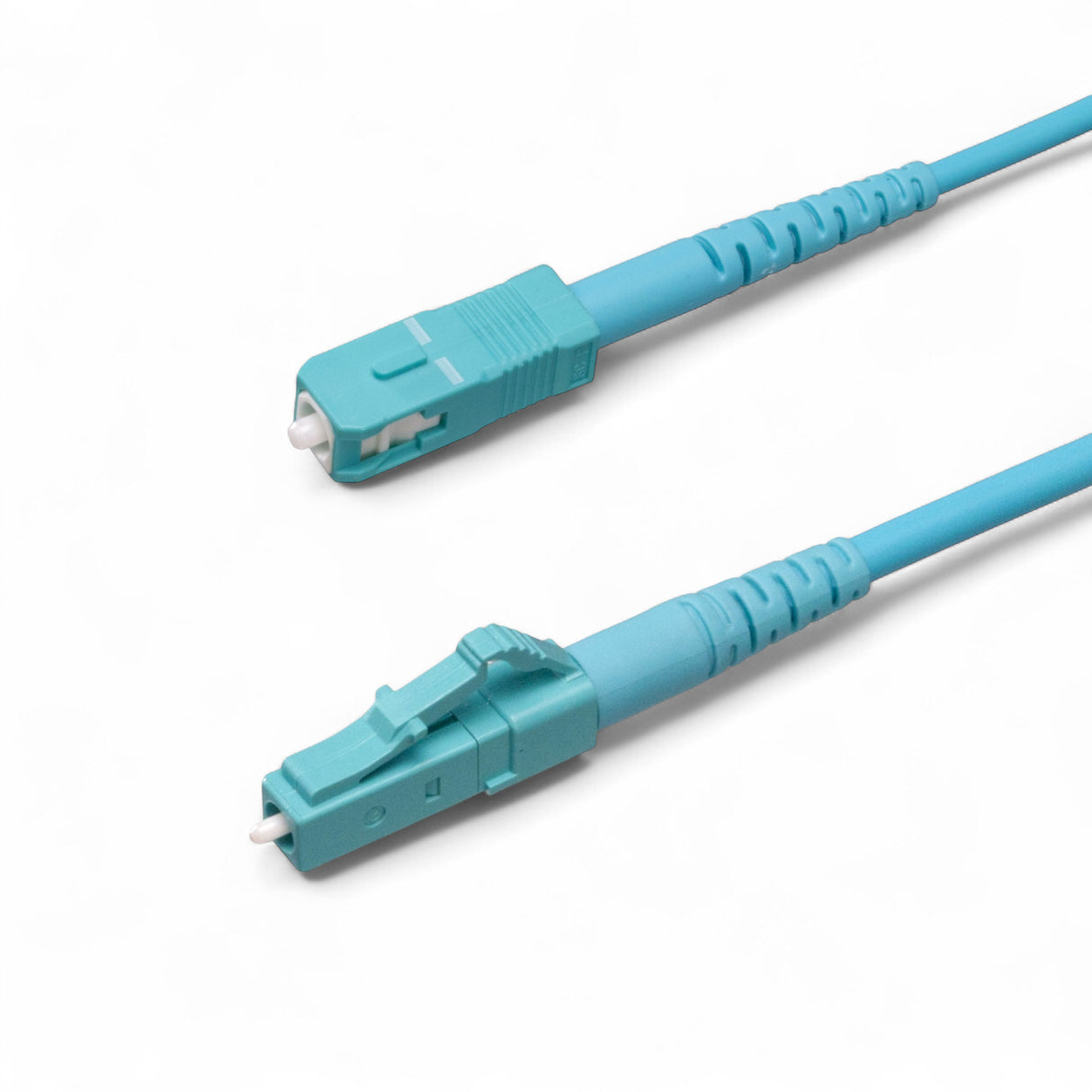 TAA Compliant Fiber Patch Cable | 0.2dB LC/UPC to SC/UPC Multimode OM4 Simplex | Corning ClearCurve OM4 50 µm Laser-Optimized Fiber | Aqua OFNR Jacket, Aqua Connectors